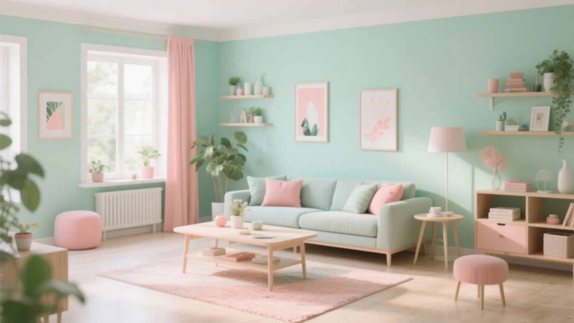 Airy living room with mint green walls and pale coral accents