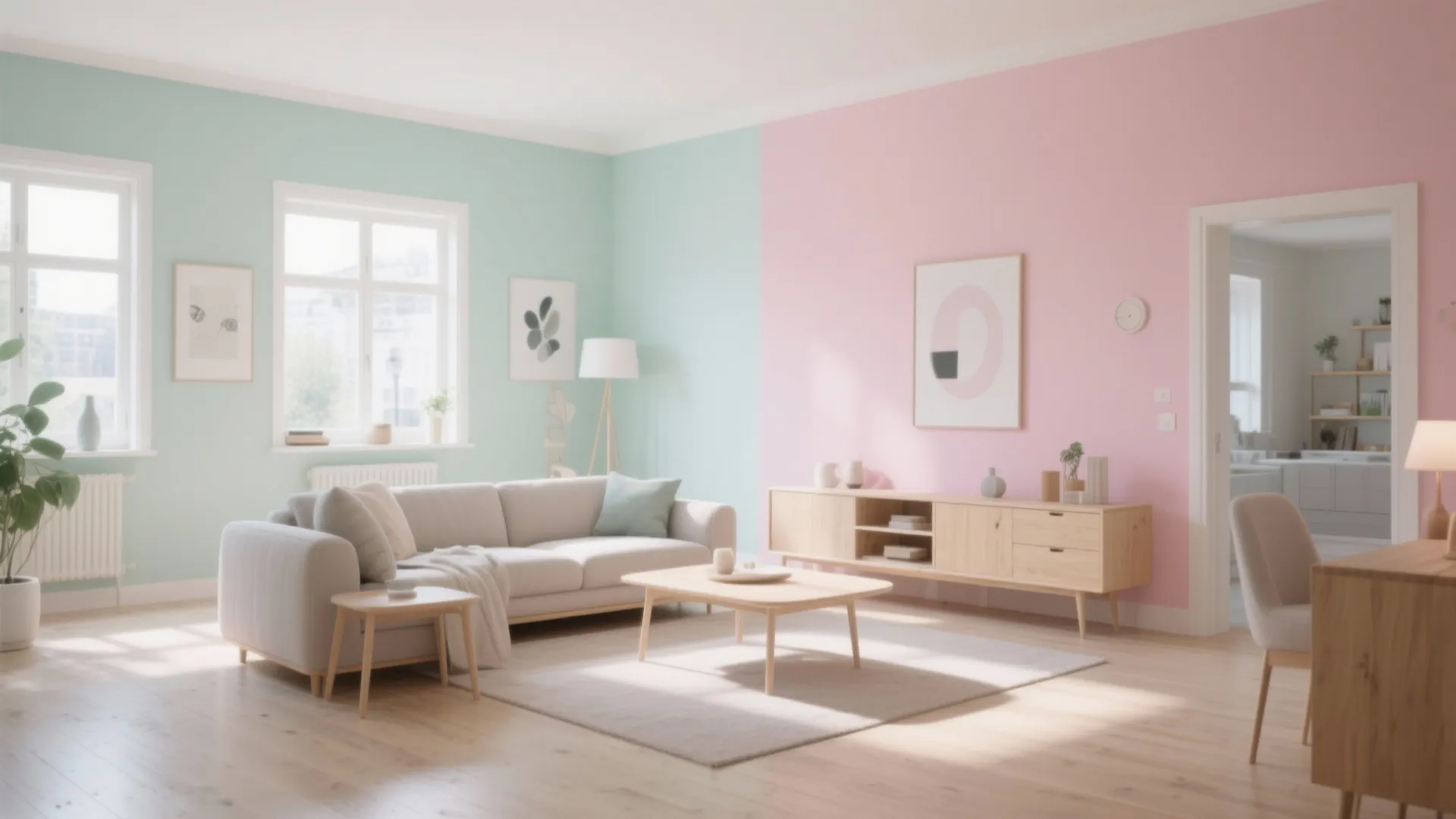 Modern living room featuring pastel pink and green walls with grey sofa and wooden furniture