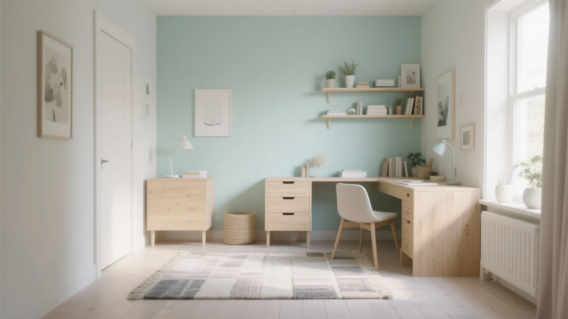Modern home office with light blue wall wooden corner desk white chair and wall shelves
