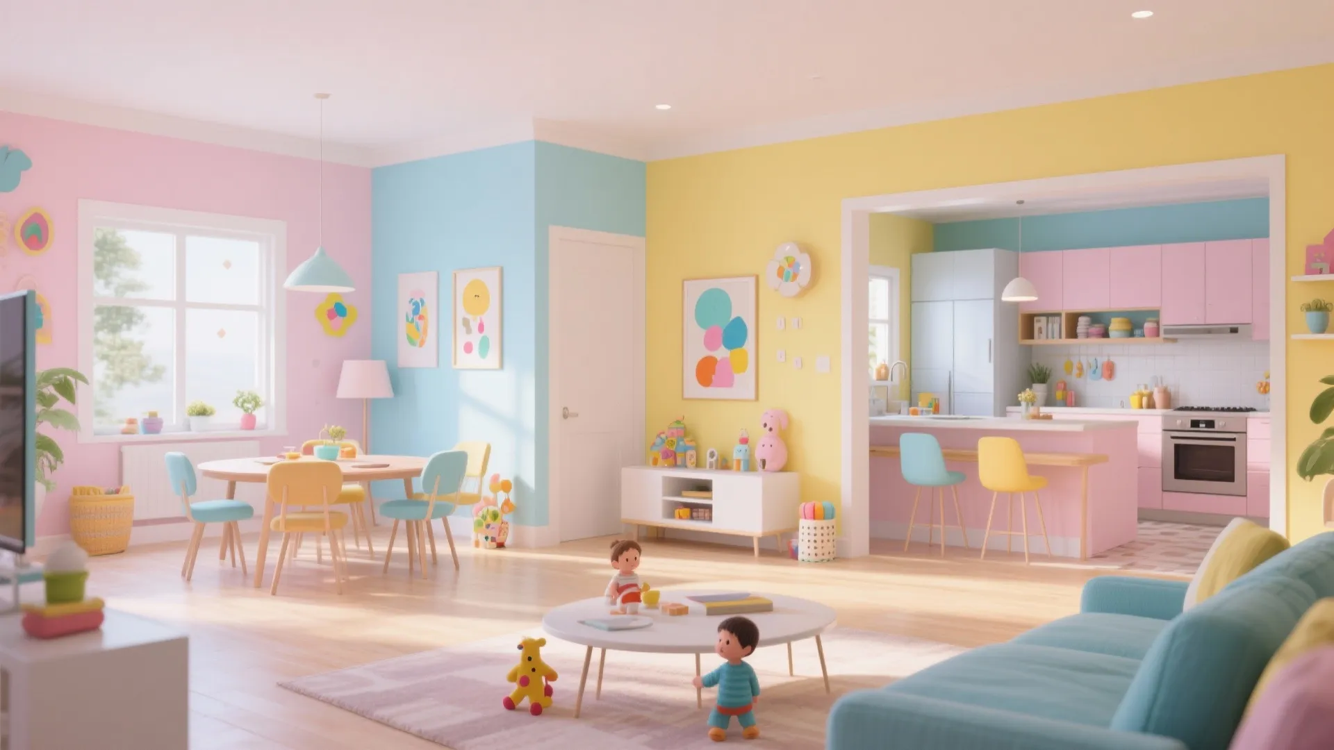 Living-dining space with blush, blue, and yellow pastel tones