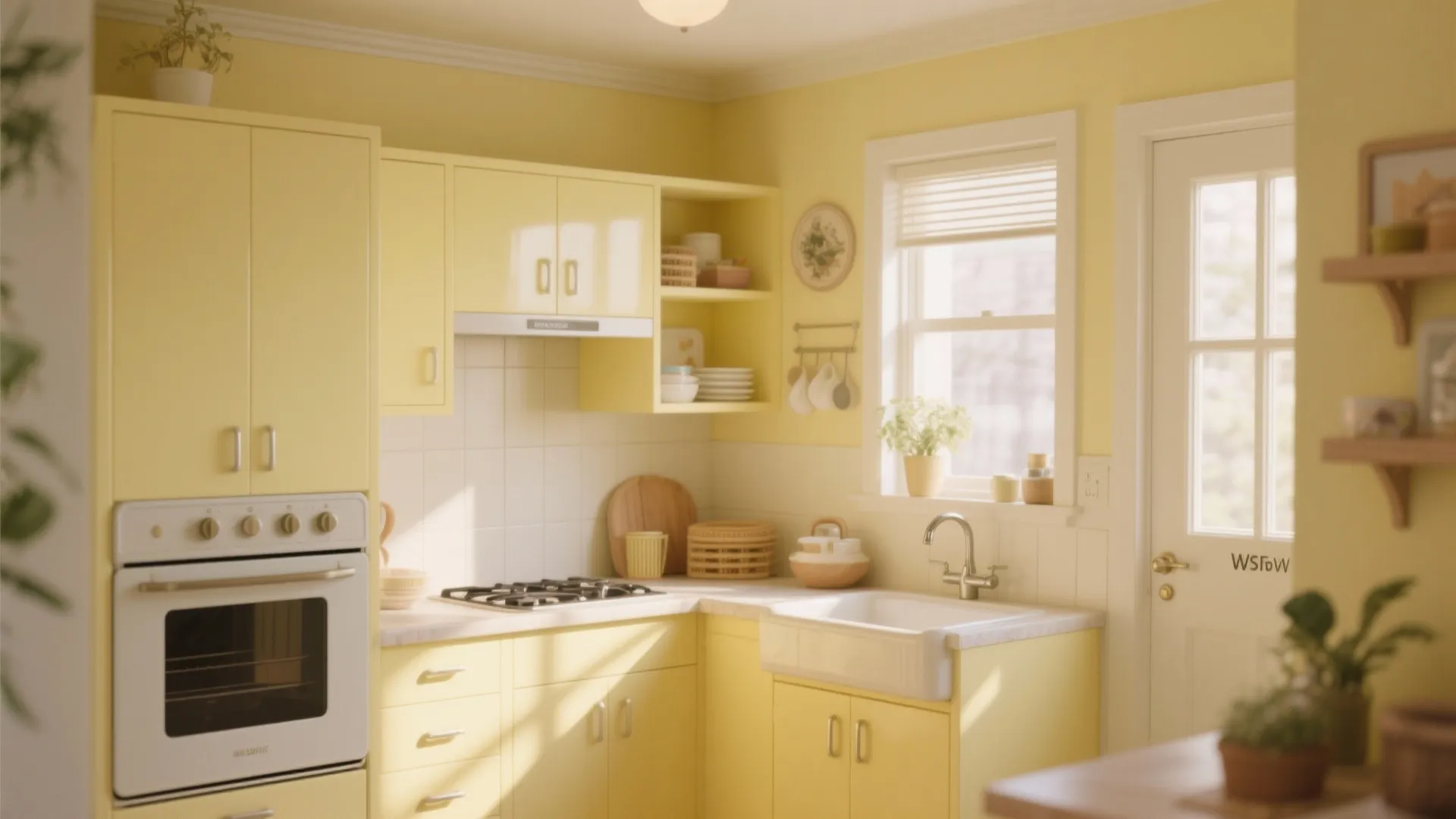 Small kitchen in soft pastel yellow with bright inviting feel