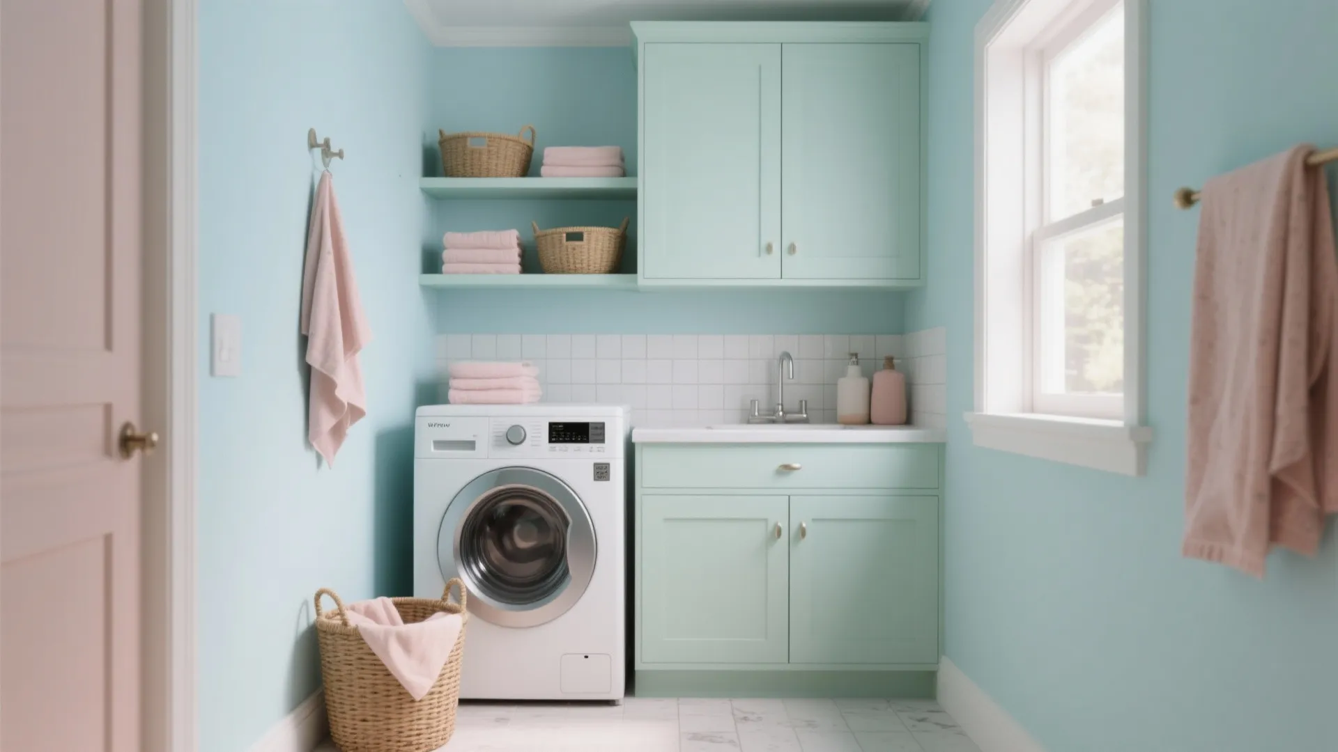 Light blue laundry room with white washing machine green cabinets pink towels and woven baskets