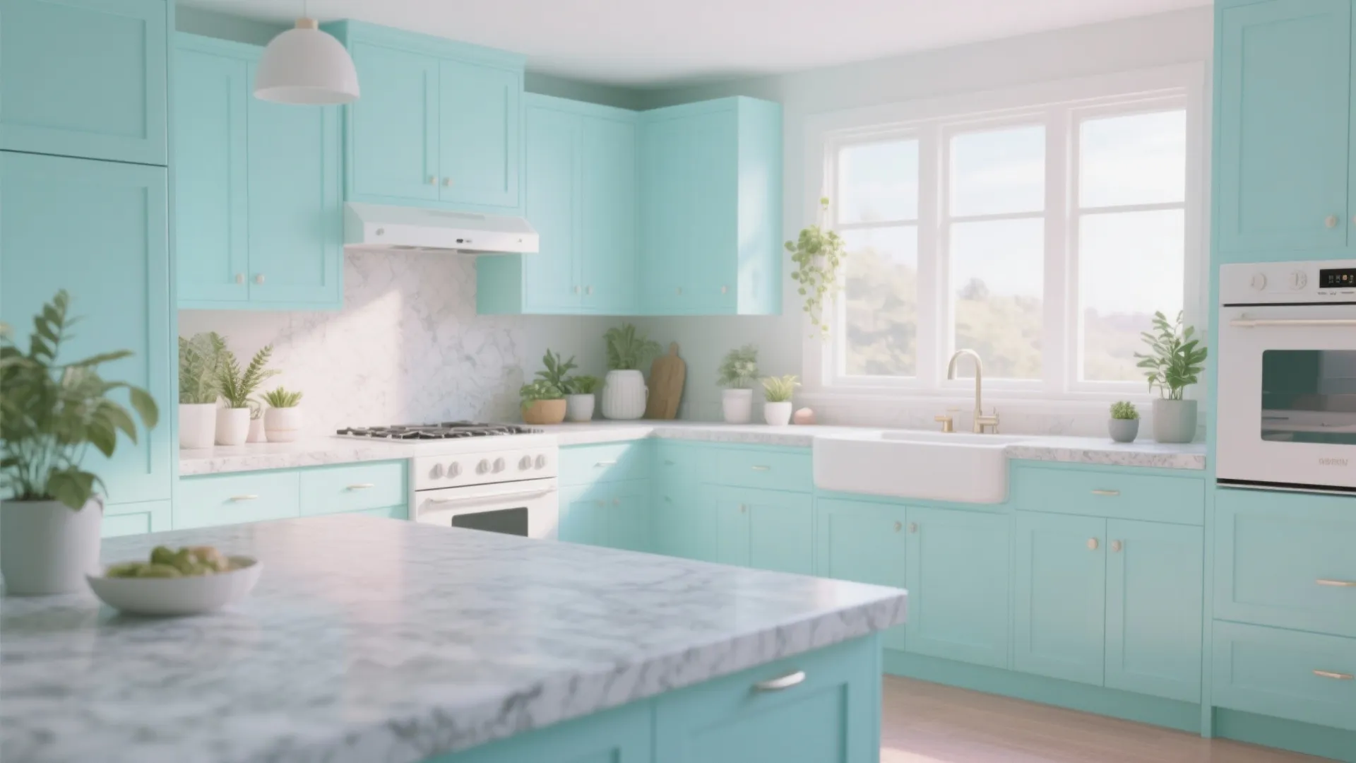 Bright kitchen with light blue cabinets white marble countertop large windows and white gas stove