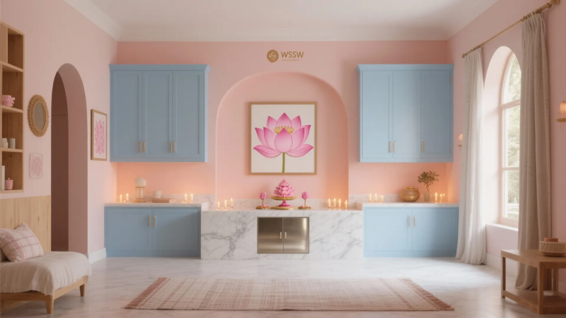 Modern pink room with blue wall cabinets, marble counter, lotus flower painting, and light rug