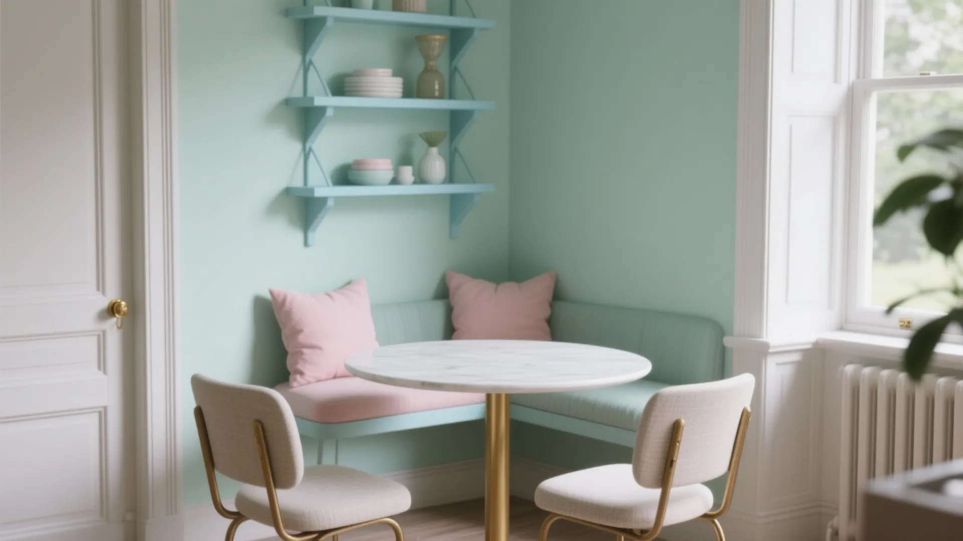 Mint green dining nook with marble table pink pillows blue wall shelves and white chairs