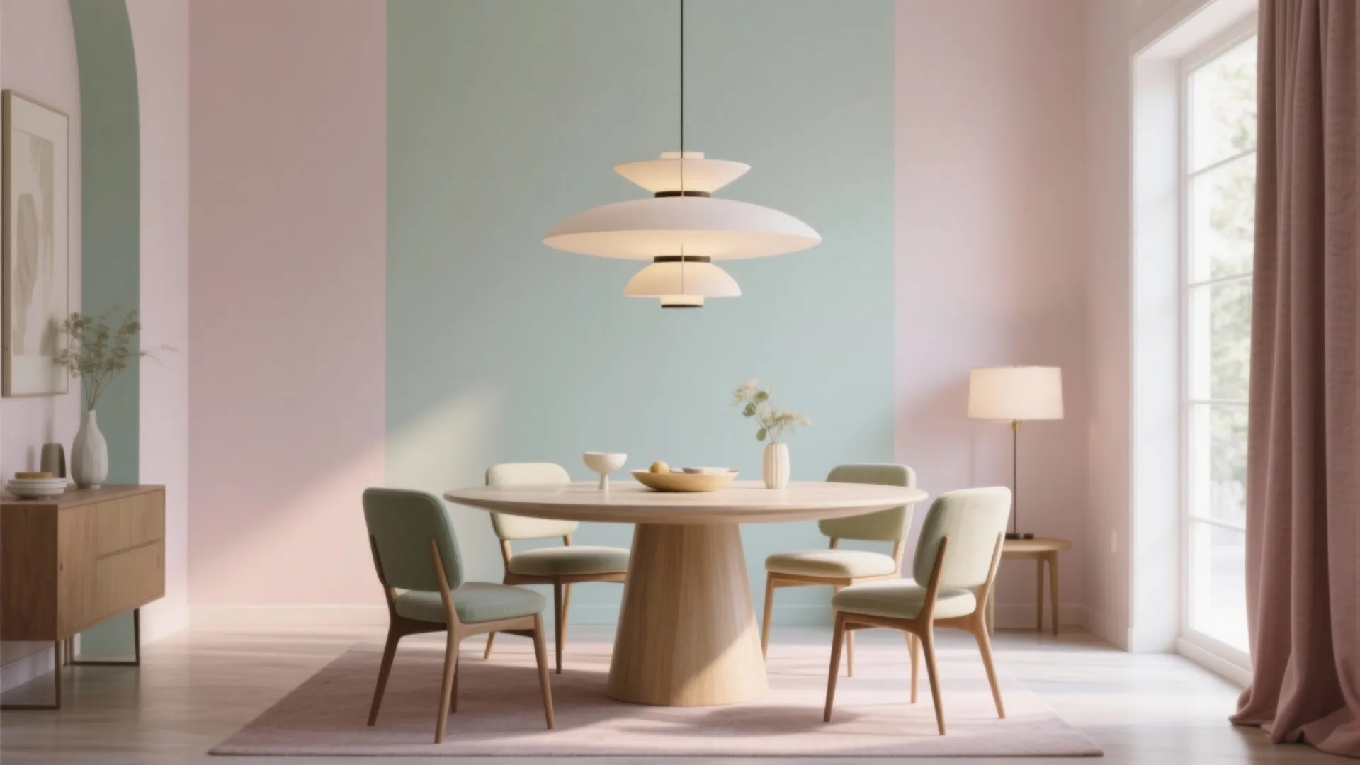Elegant dining room in muted sage/pink pastels with sculptural lighting and mid-century furniture.