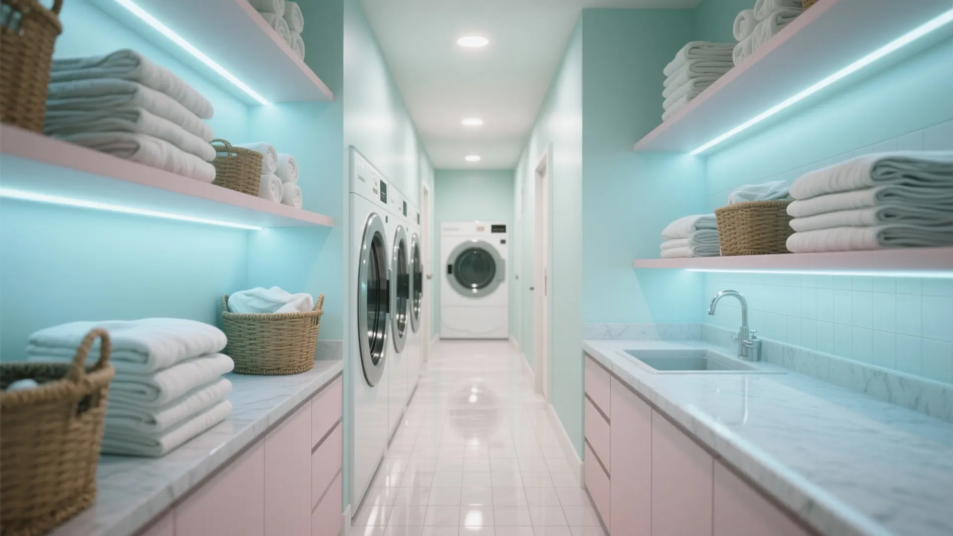 Modern laundry room featuring mint walls pink cabinets washing machines white towels and bright shelf lighting