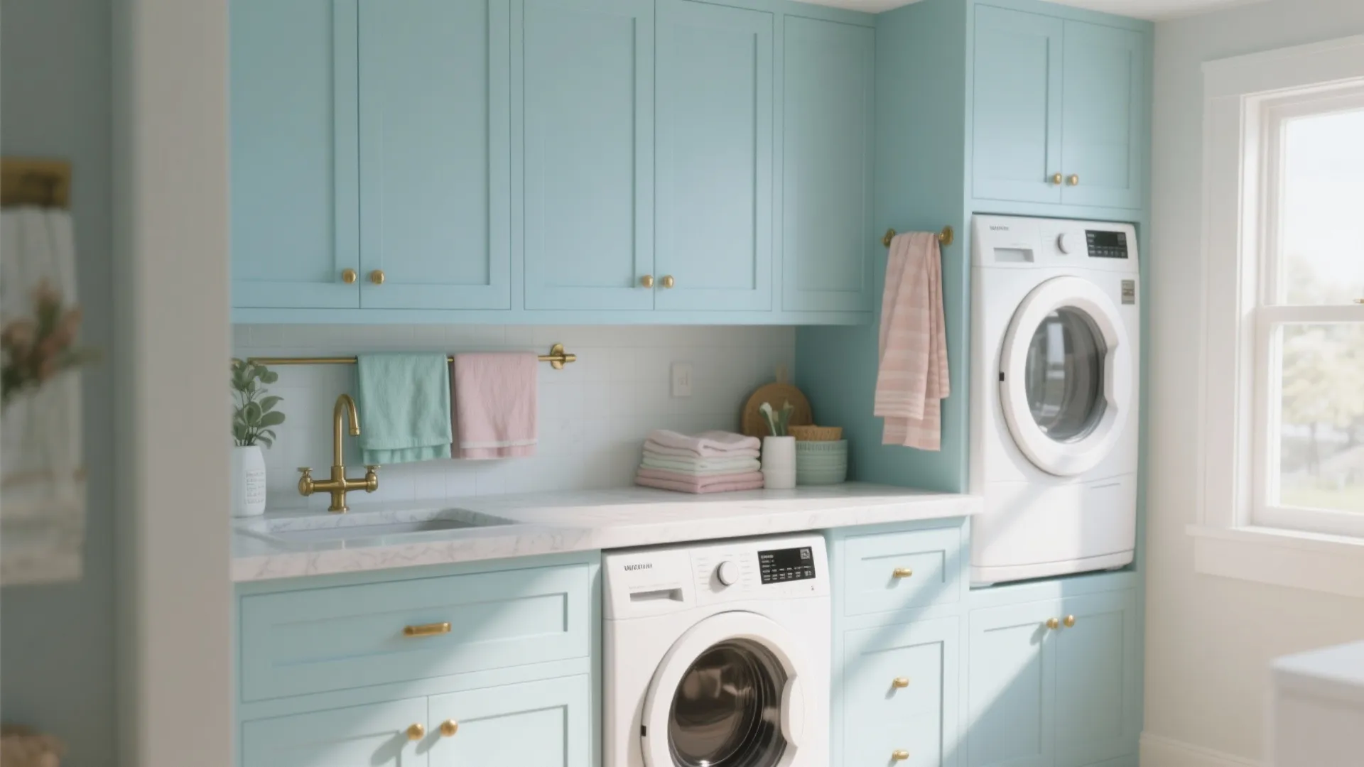 Bright laundry room with blue cabinets white marble countertop washing machine gold sink and towels