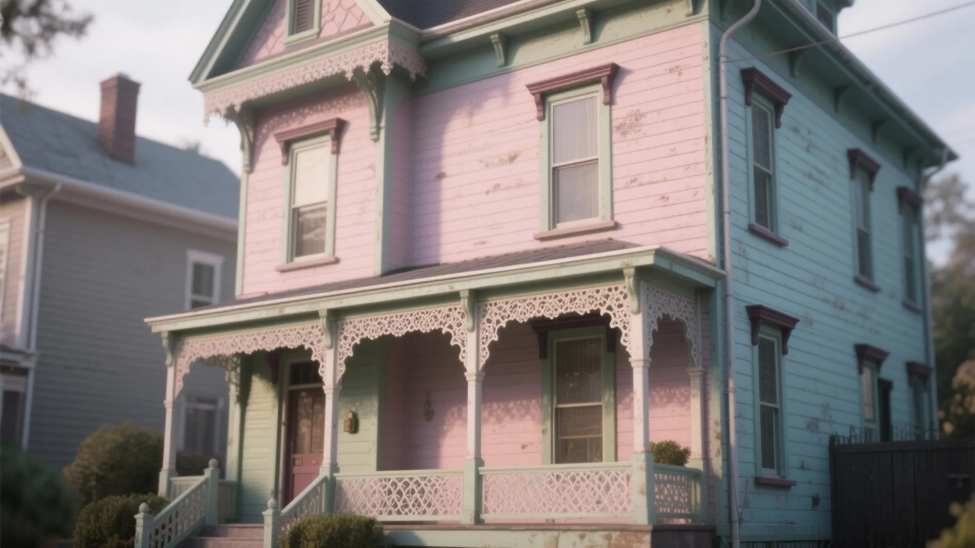Two story house painted in light pink and mint green with white decorative porch railing details