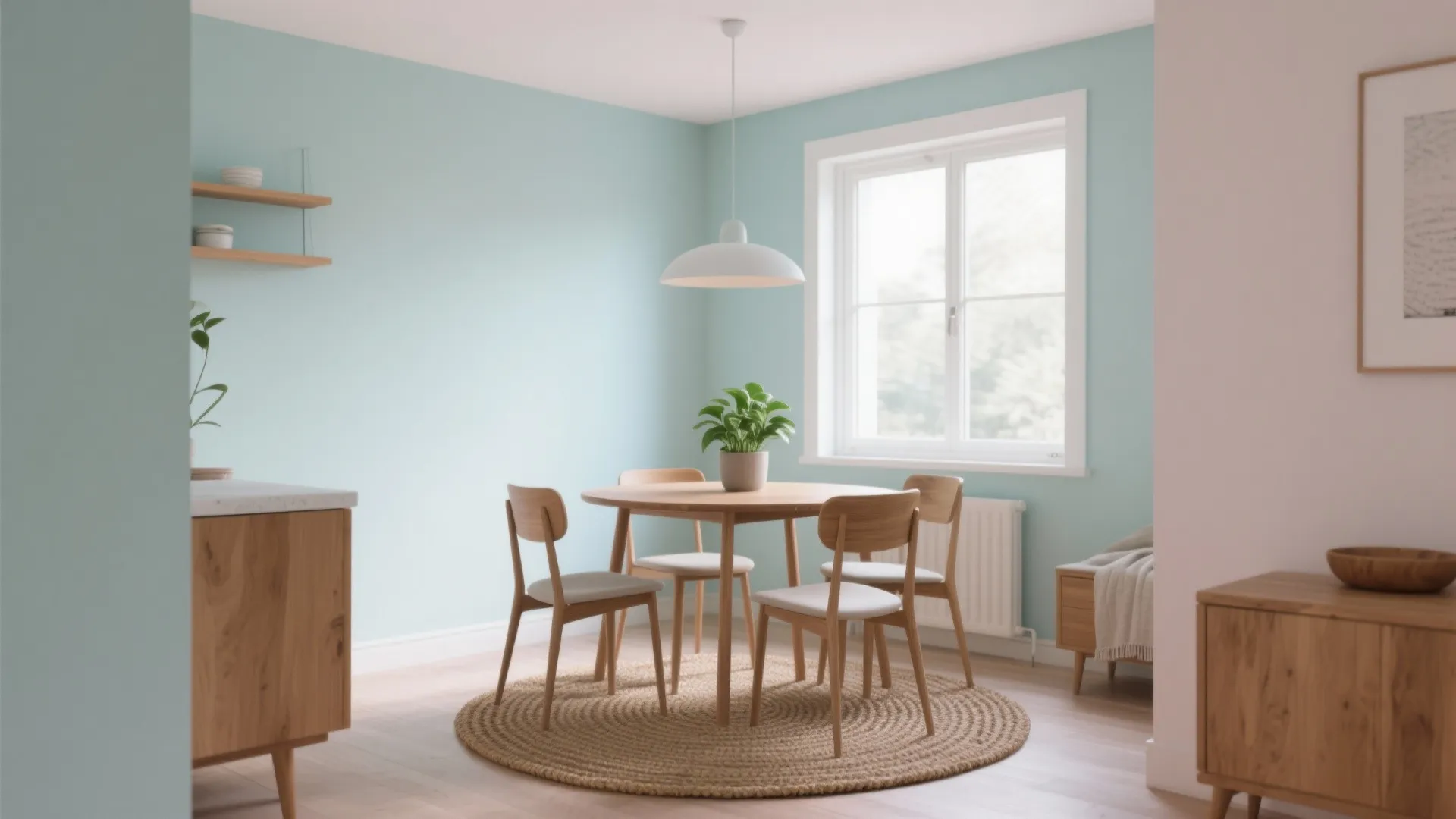 Dining room with light blue walls wooden table chairs white ceiling light and large window