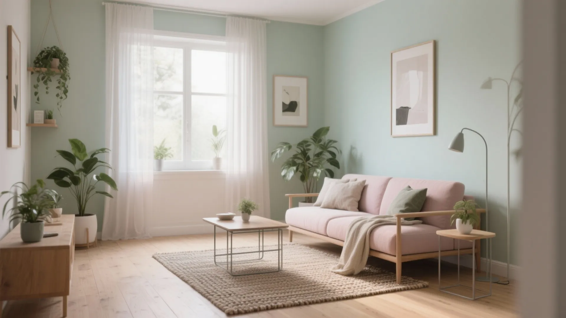 Airy small living room in pale sage pastel with sheer curtains, light wood, and minimal decor.