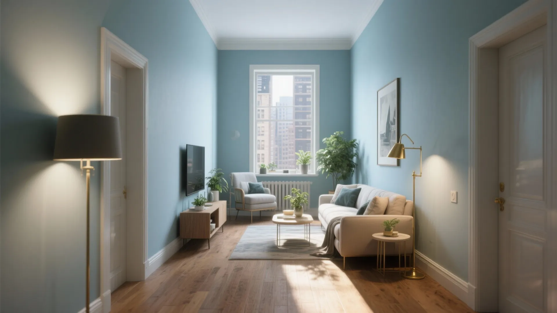 Narrow living room with dusty blue walls paired with warm wood and brass accents to avoid a clinical look.