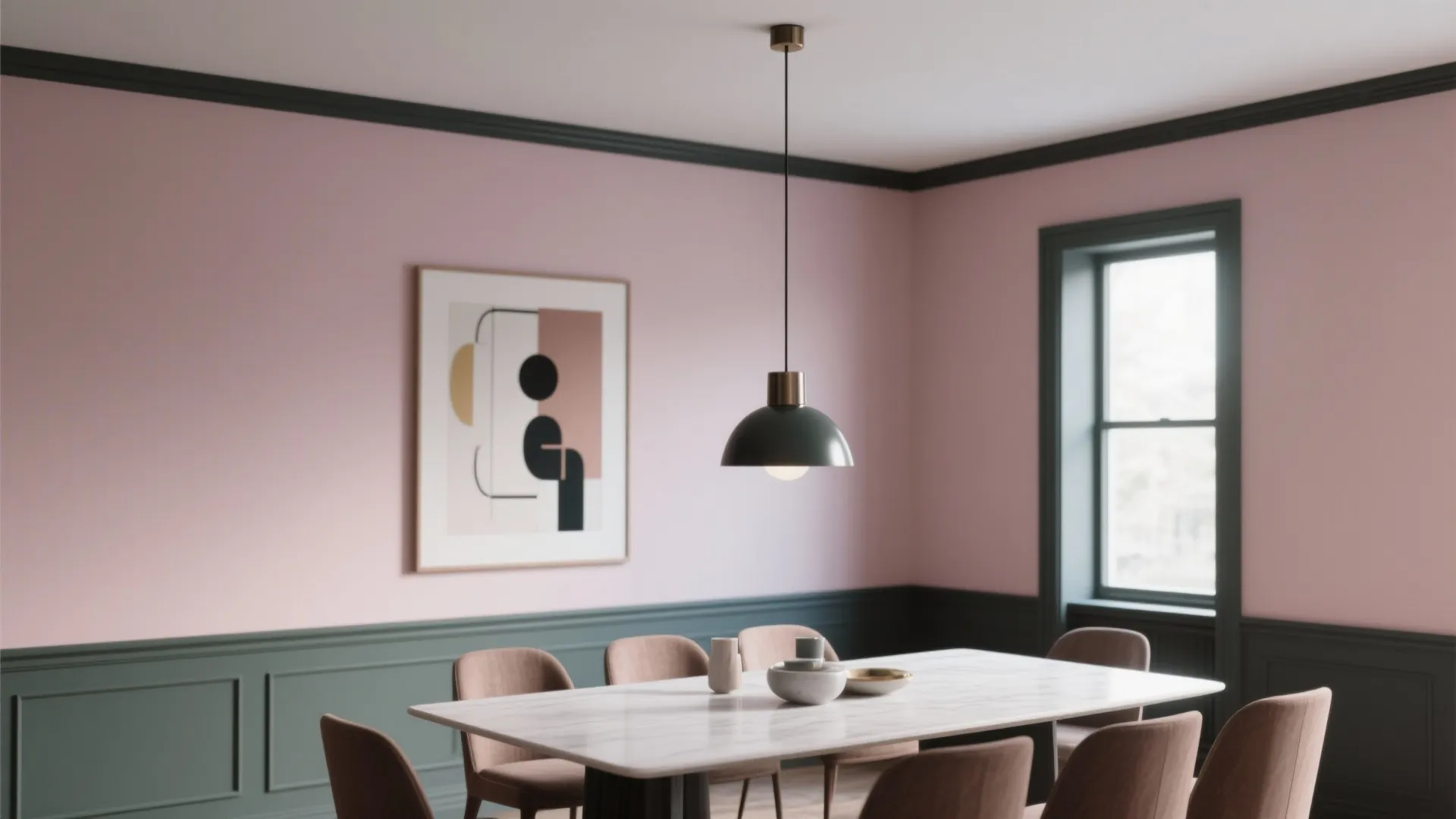 Dining room with pink walls green wall panel marble table brown chairs and dark ceiling light