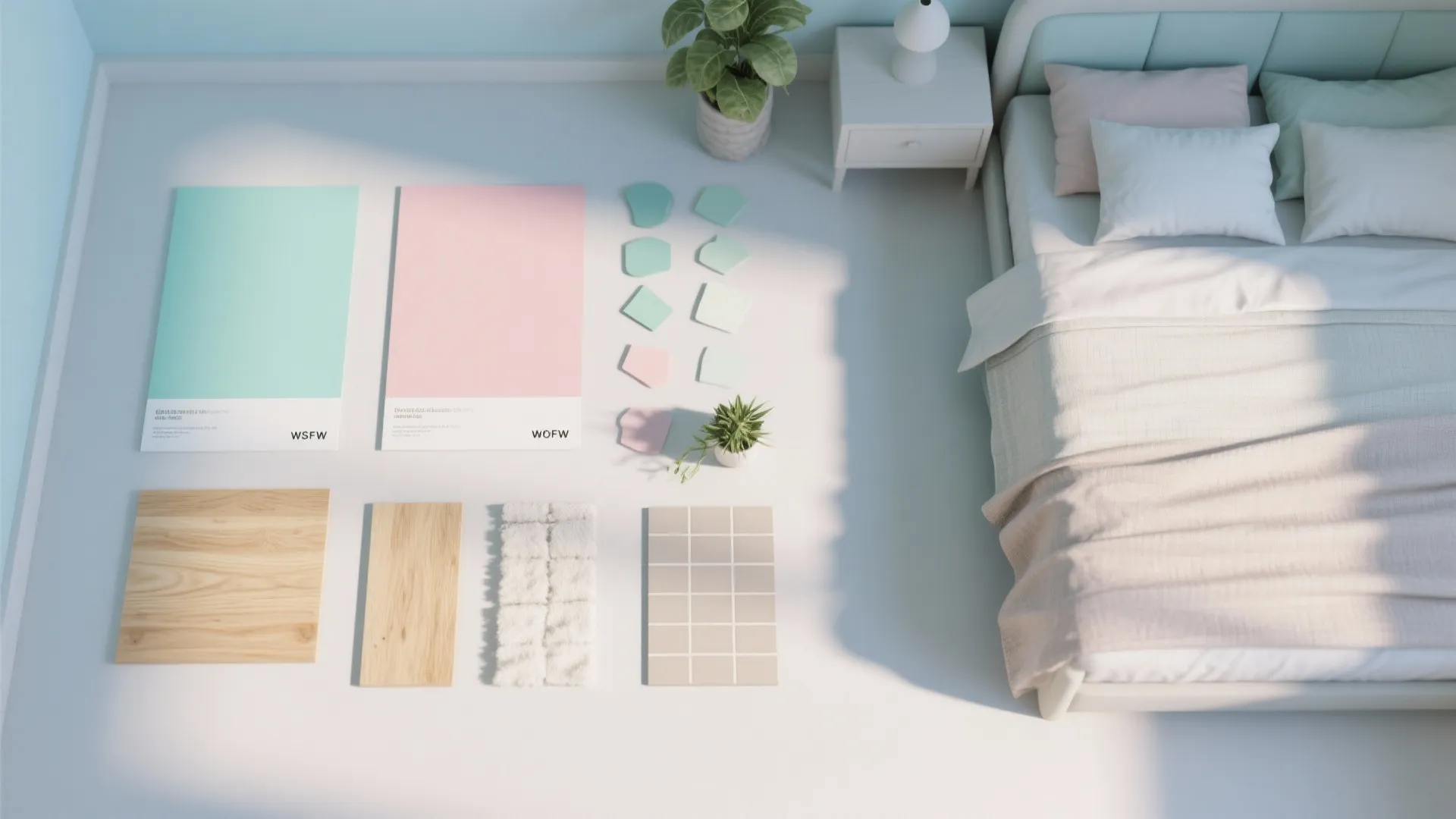 Top-down flatlay of powder blue, blush pink, and mint swatches with wood and fabric samples