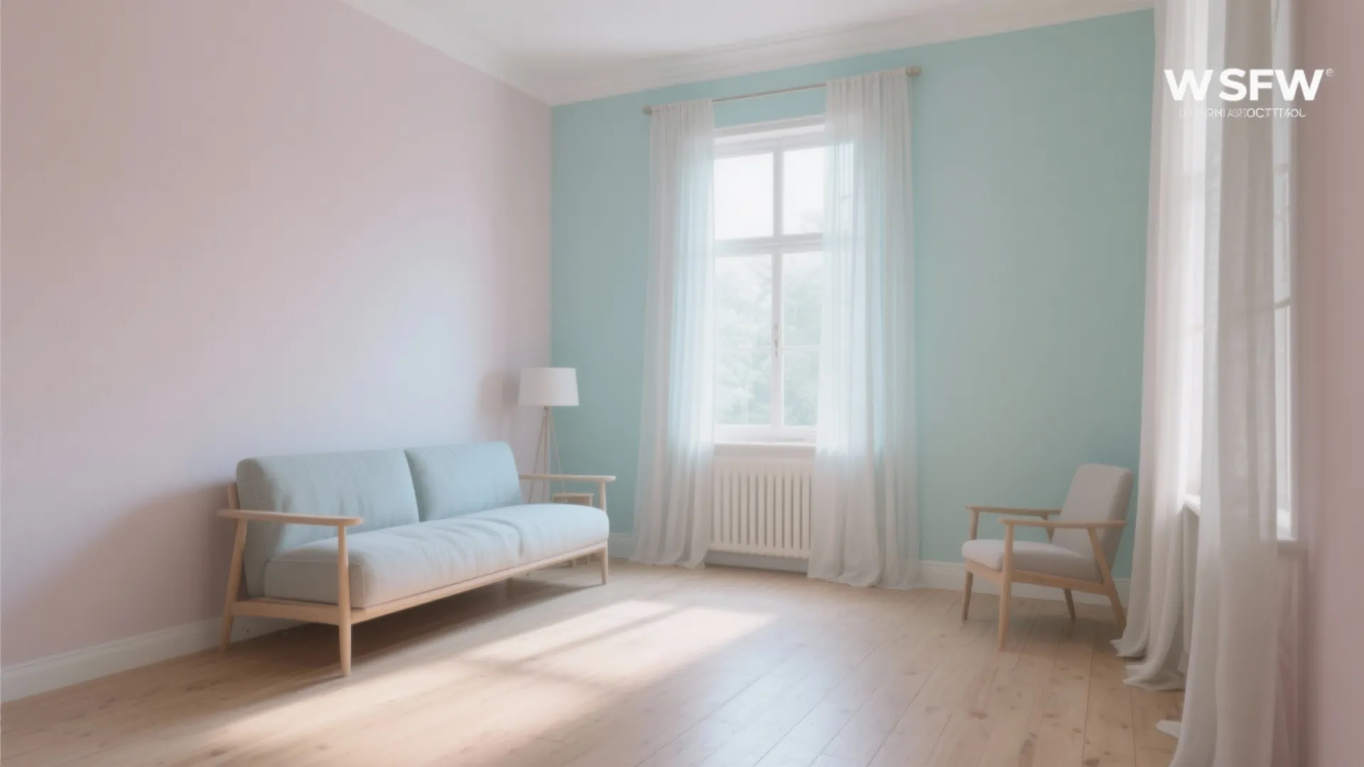 Simple room with pink and blue walls white curtains light blue sofa and wooden chair floor