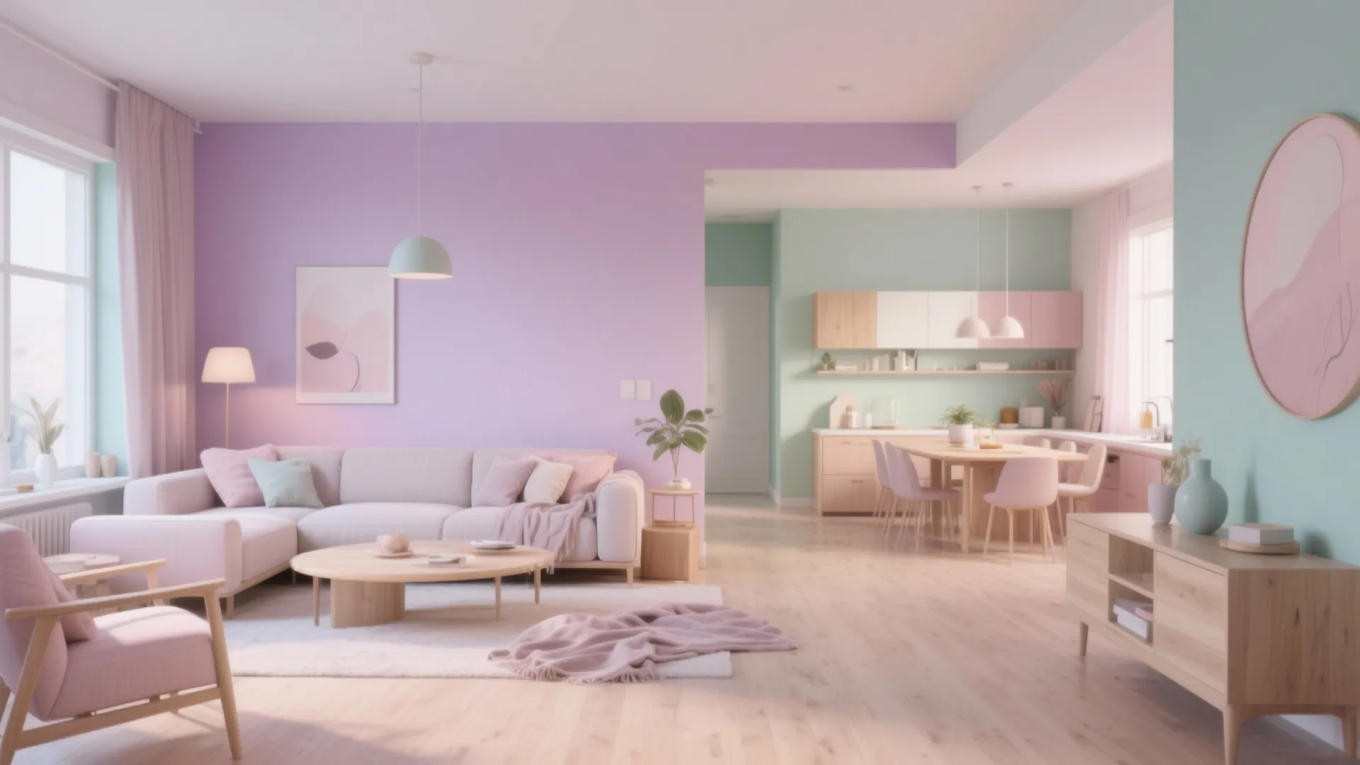 Modern living room and kitchen design with purple and green walls plus soft pink sofa
