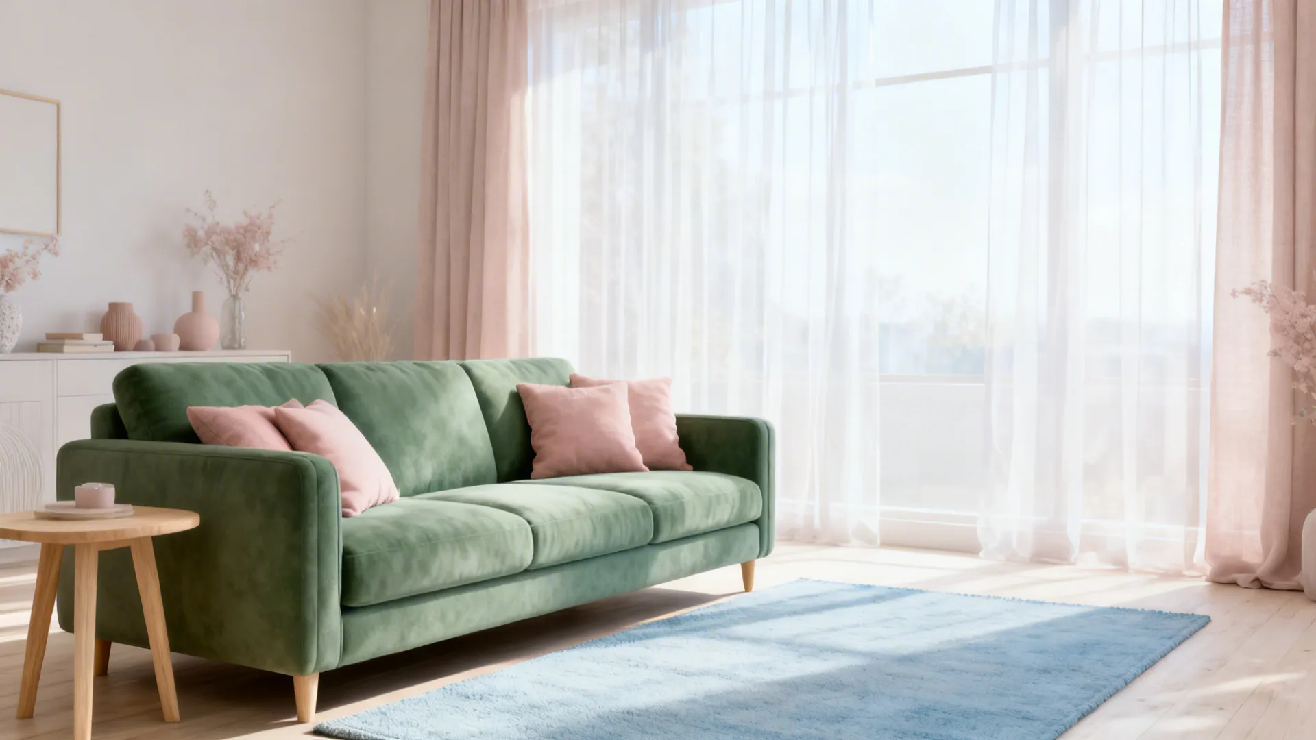 4. Soft Pastels: Green Sofa with Blush and Powder Blue
