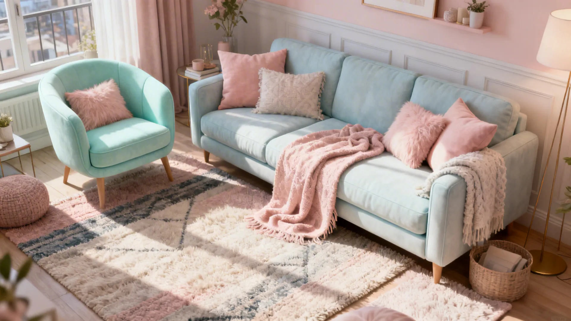 Cozy small living room with a periwinkle sofa, blush cushions and a mint accent chair.