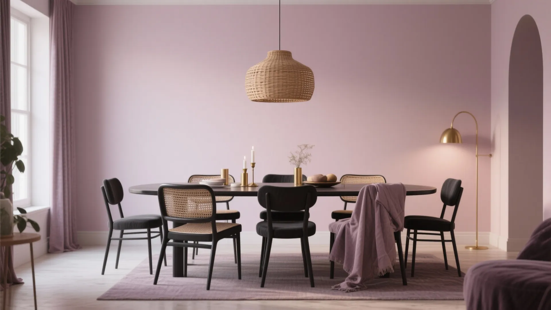 Pink dining room with black table wicker ceiling light purple rug and gold floor lamp fixture