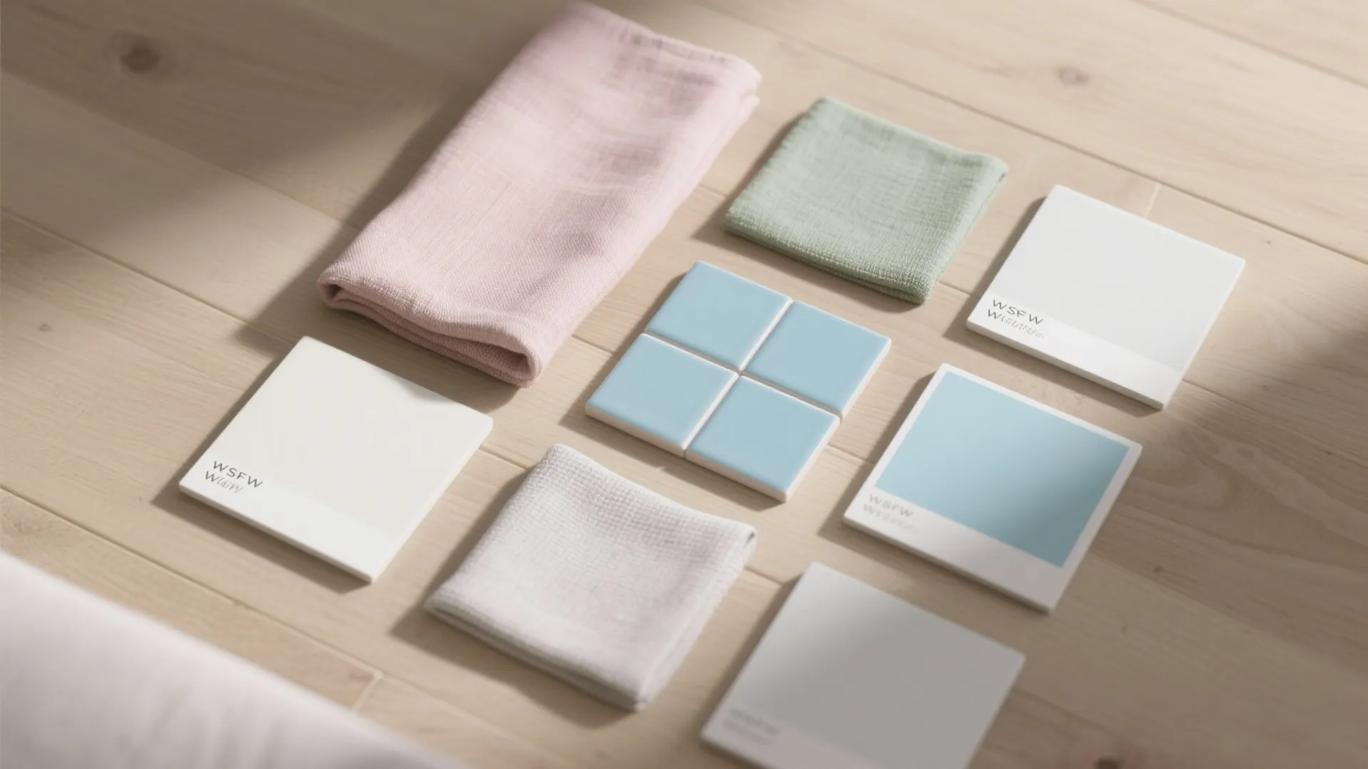 Pastel fabric samples light blue tiles and color cards arranged on a light wood floor