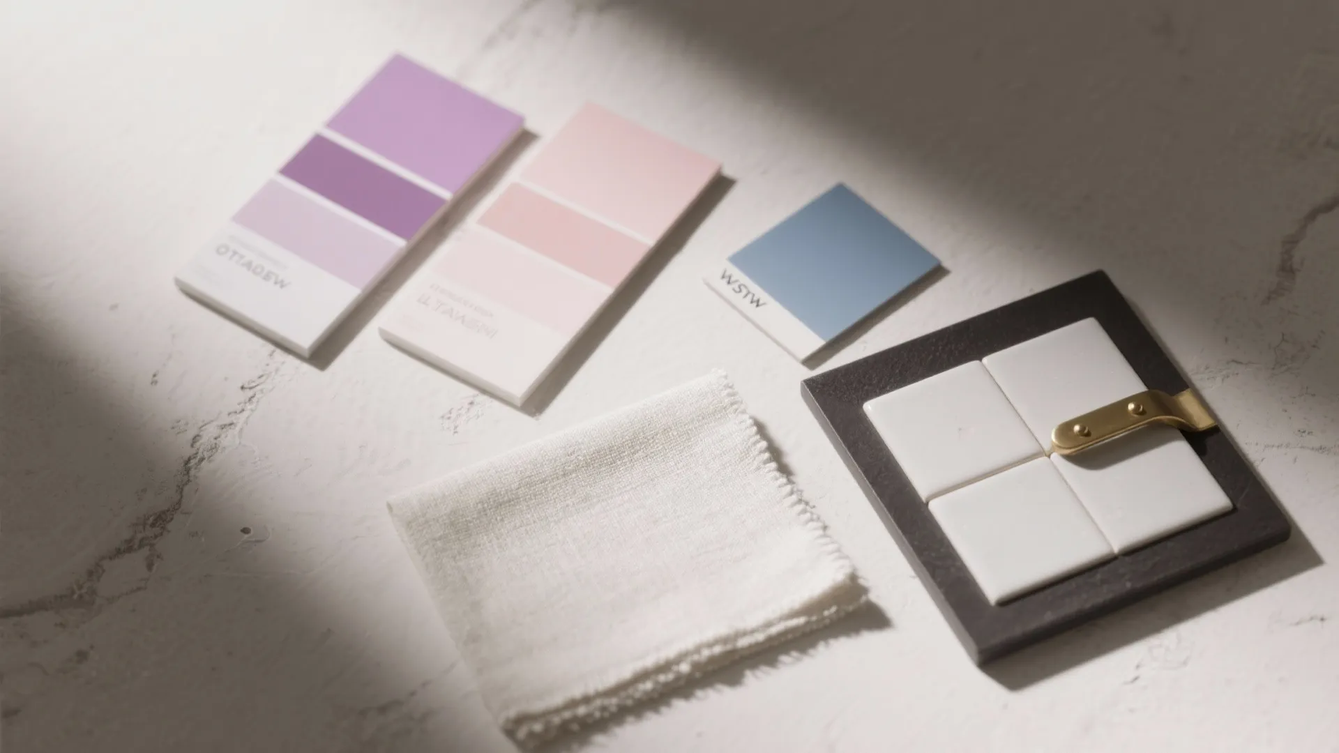 Top-down flat lay of soft pastel pairings—mauve pink and misty blue with linen, ceramic, and brass—for Dulux living rooms.