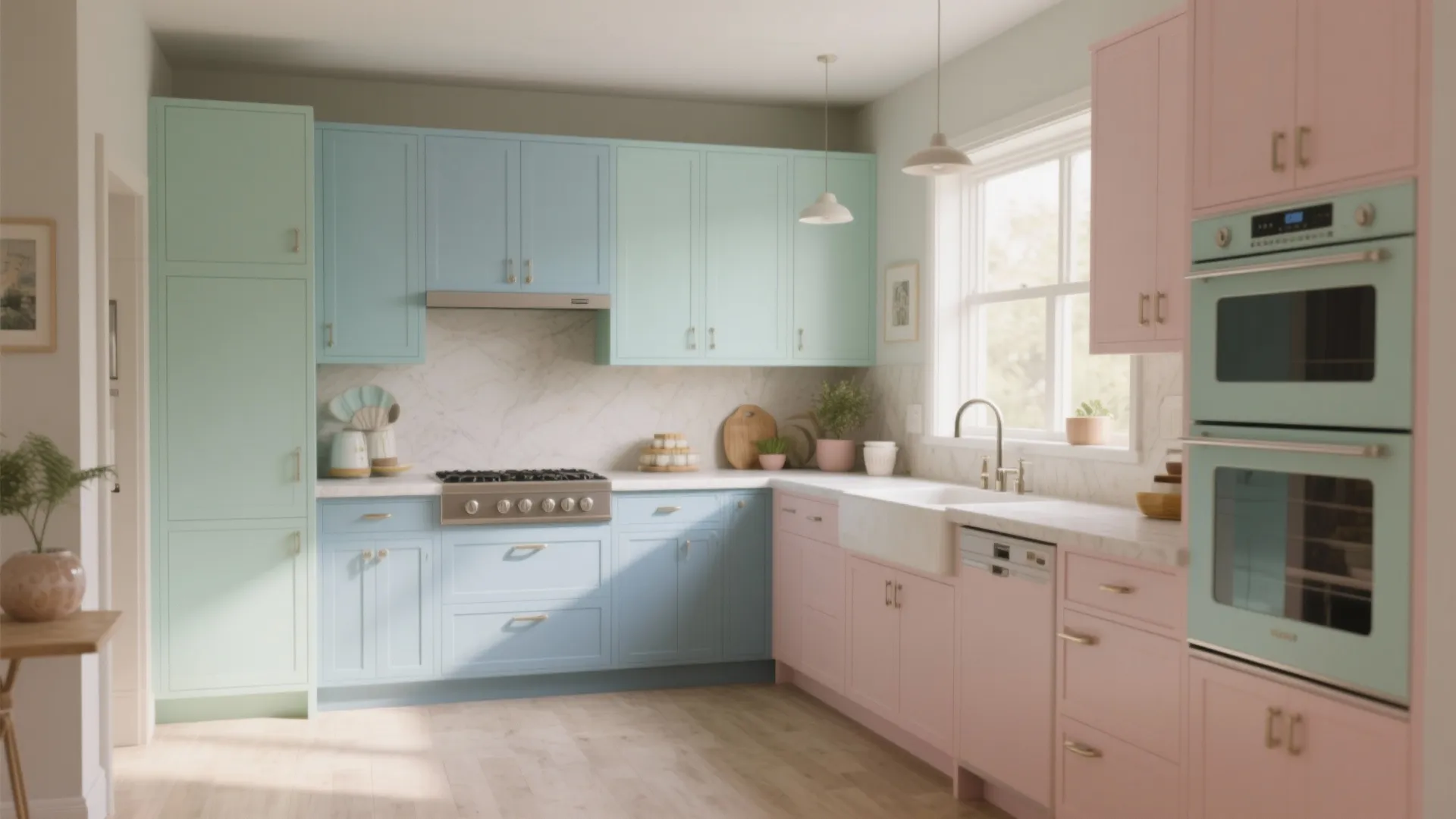 Modern kitchen with pink blue and green cabinets white marble backsplash window and wooden floor