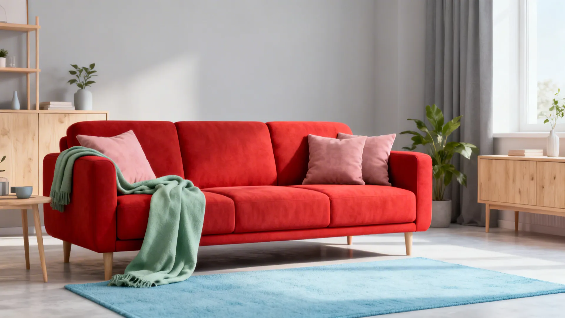 Scandinavian living room showing a red sofa with dusty pink, sage green, and powder blue accents.