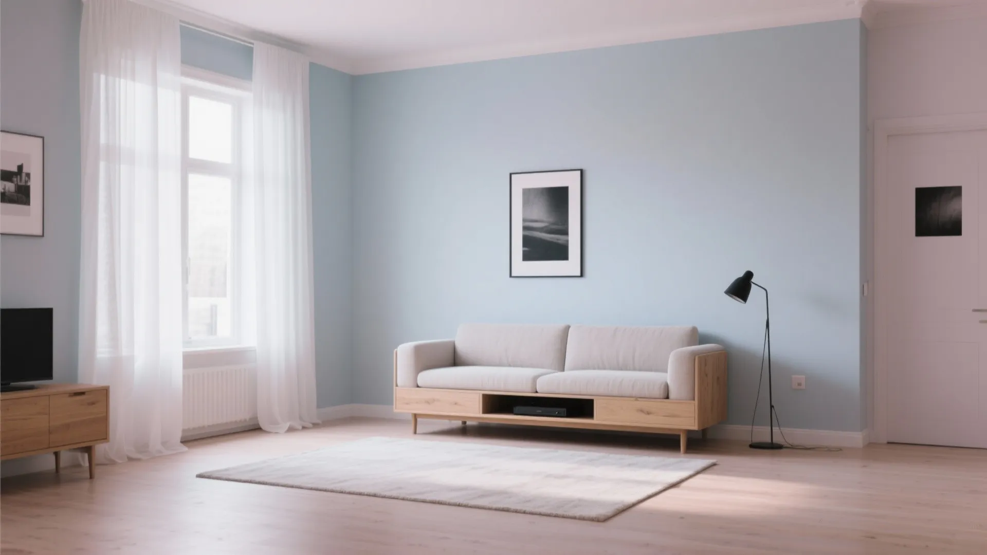 Light blue living room with white sofa, wooden floor, white rug, floor lamp, and window