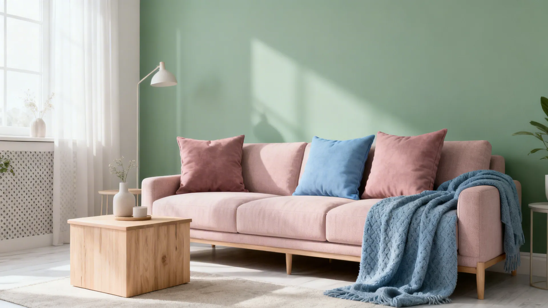 Modern living room with a black sofa and sage green wall, accented with dusty rose and powder blue cushions.