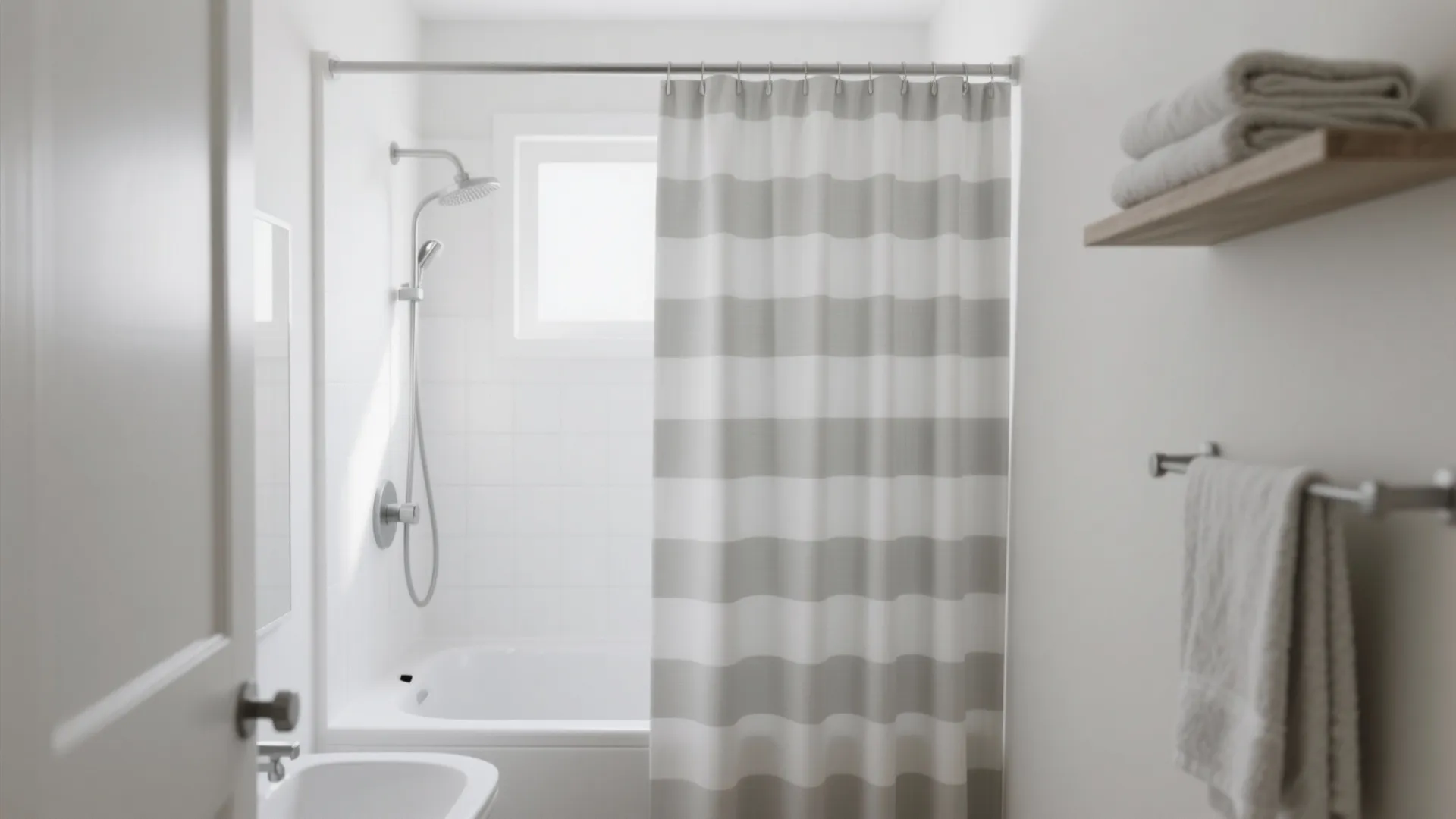 White bathroom interior featuring a striped shower curtain, bathtub, shower head, and folded white towels