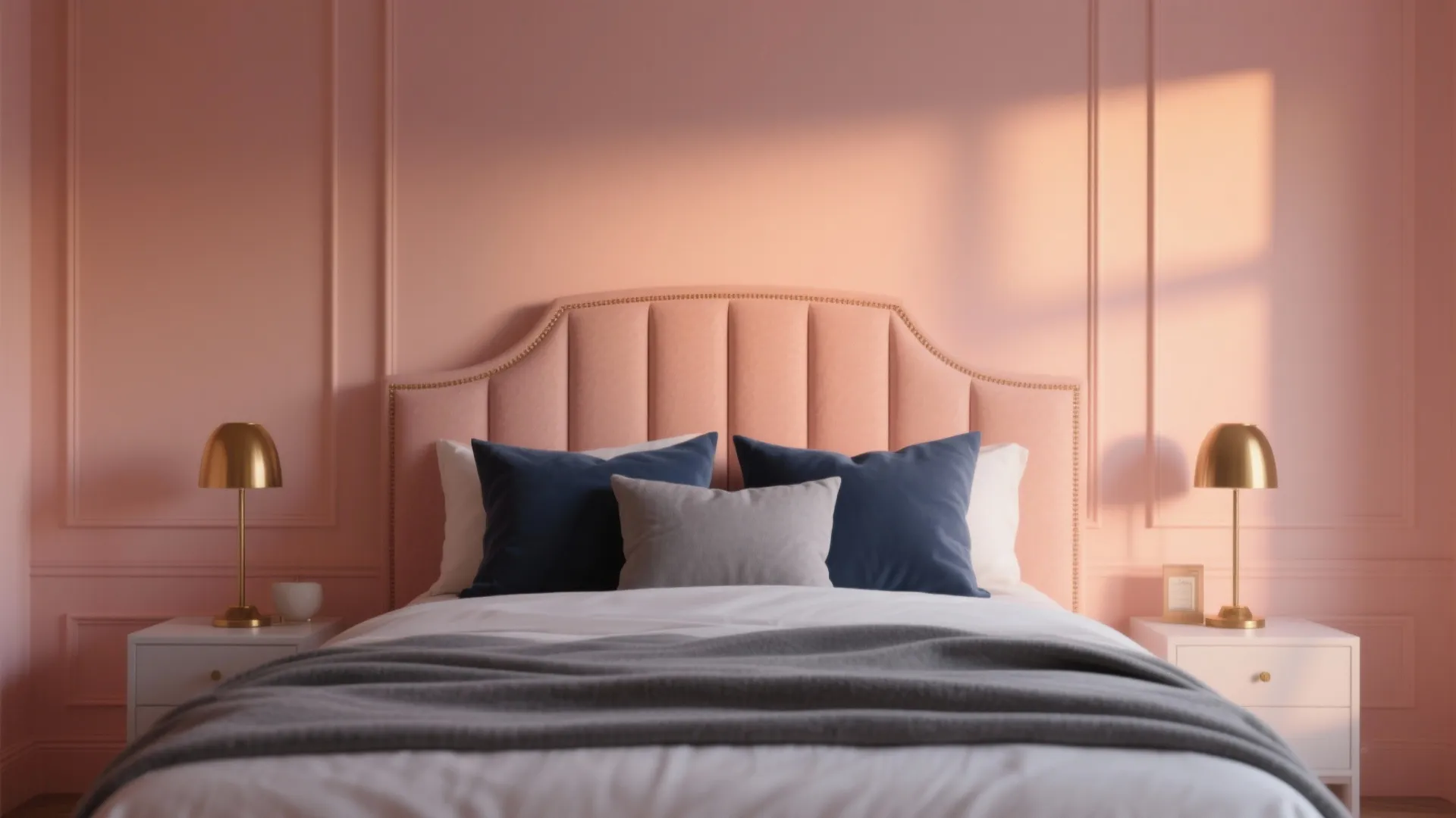 Pink bedroom wall panel with pink headboard, blue pillows, gold table lights, and white nightstands