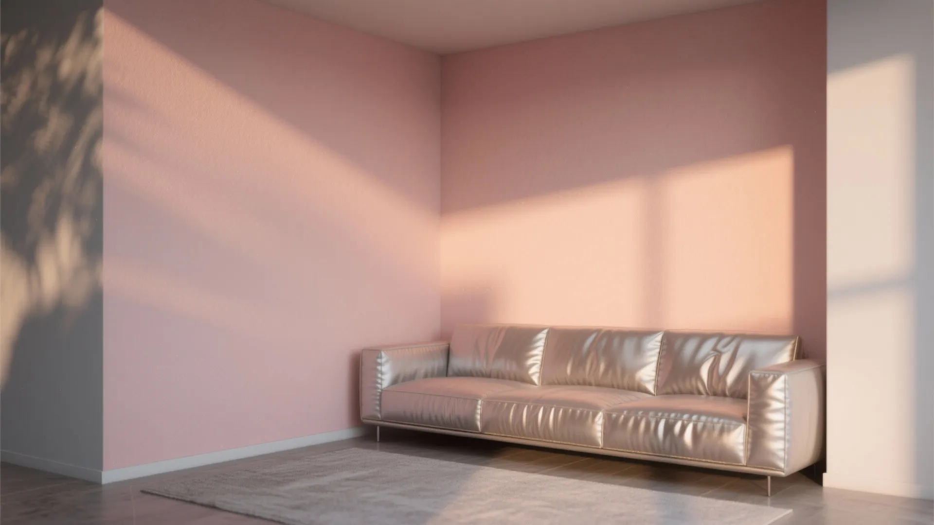 Compact living room corner with soft peach-blush walls and gray-beige undertones lit by afternoon sunlight.