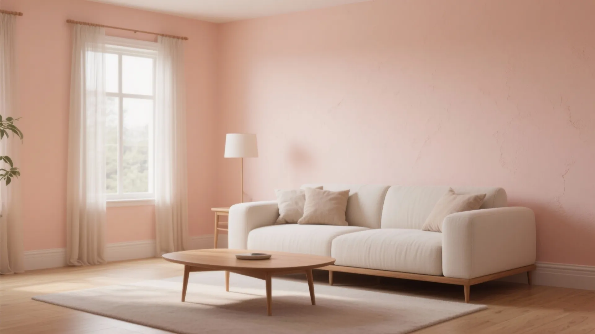 Minimalist living room with peach walls white sofa wooden coffee table floor lamp and natural sunlight