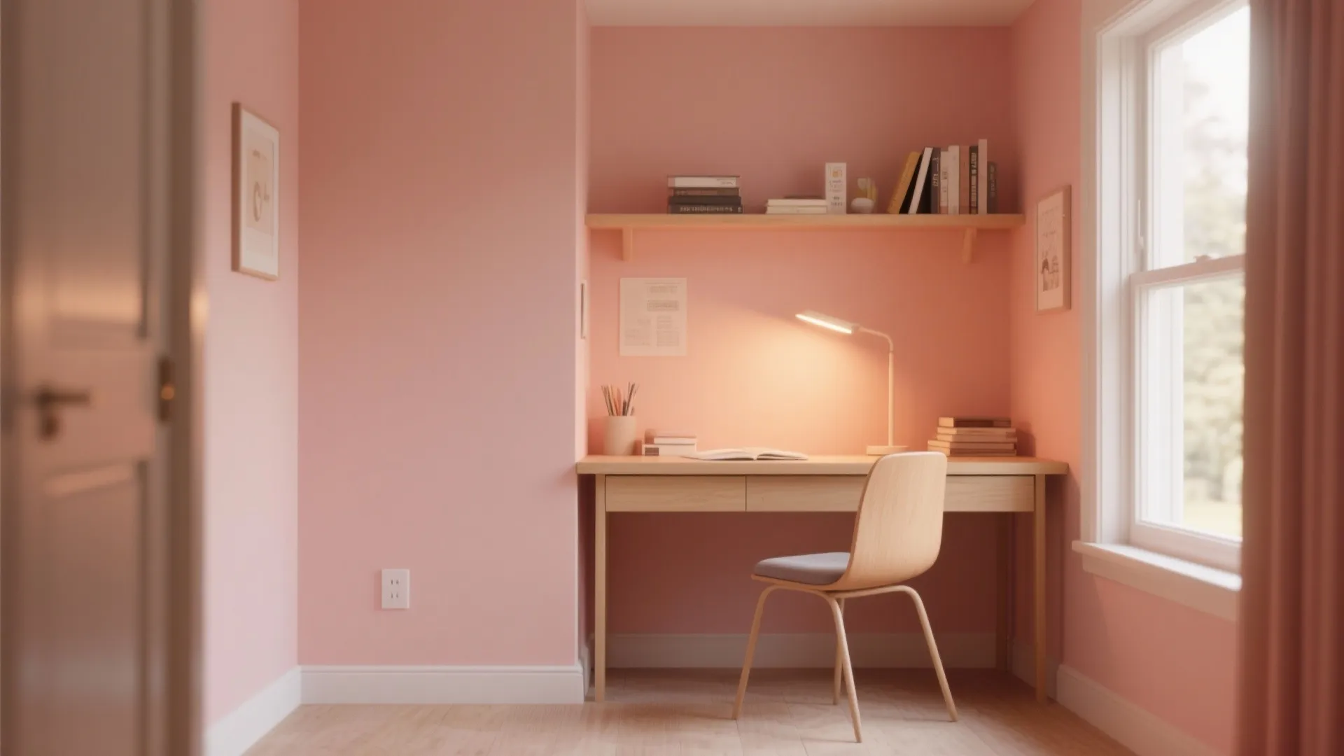 Small home office with pink walls wooden desk chair table lamp wall shelf and natural light