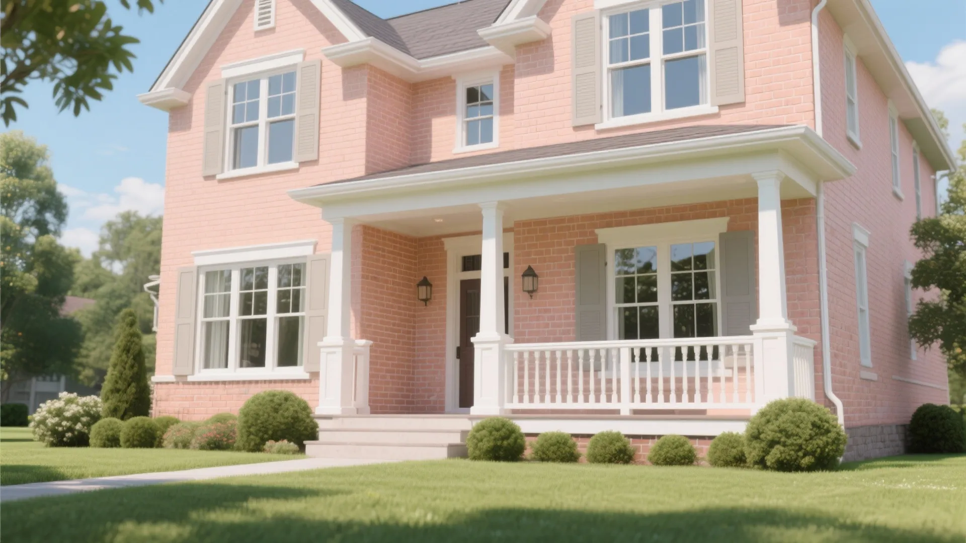 Two story peach brick house with white trim white porch railing and green grass lawn