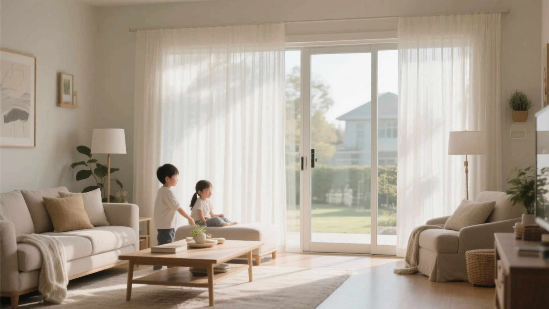 Soft pencil pleated sheer drapes in casual family living space