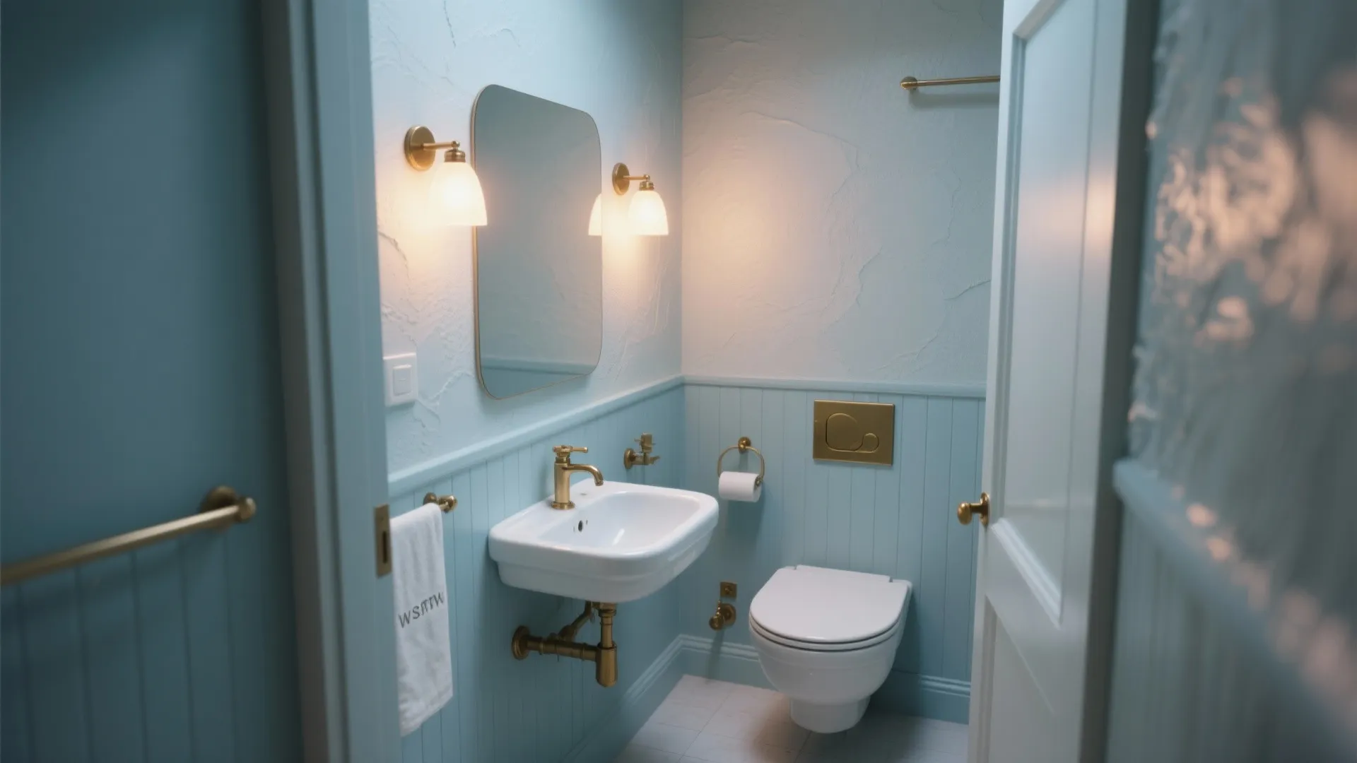 Small bathroom with calming soft periwinkle walls and brass accents