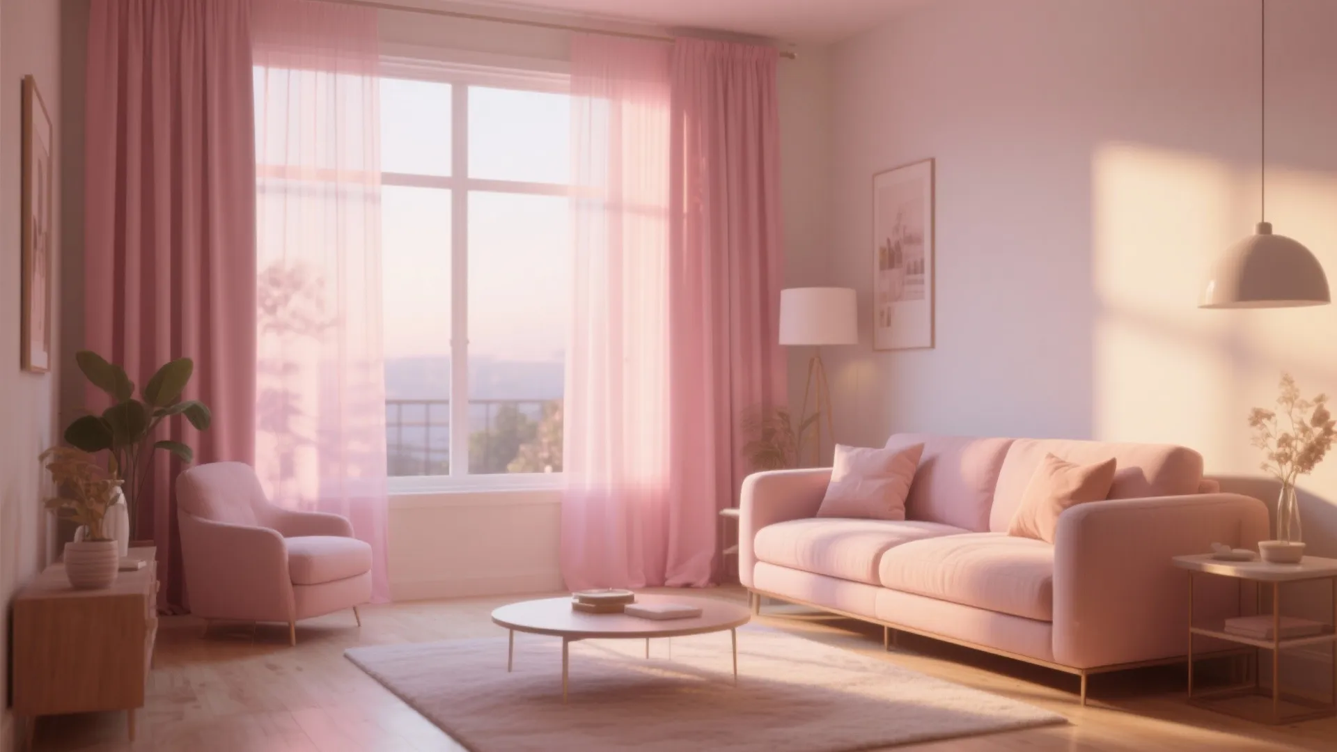 Bright living room featuring soft pink curtains a pink sofa and large window with view