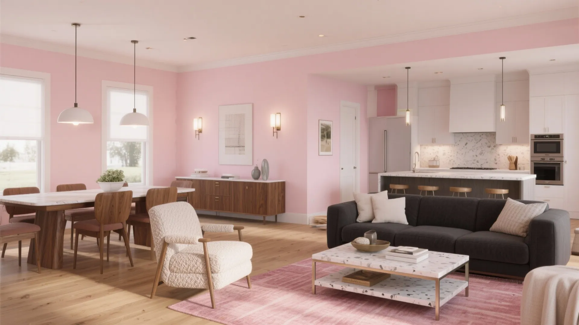 Modern open-plan living room with pink walls, dark sofa, marble coffee table, and wooden furniture
