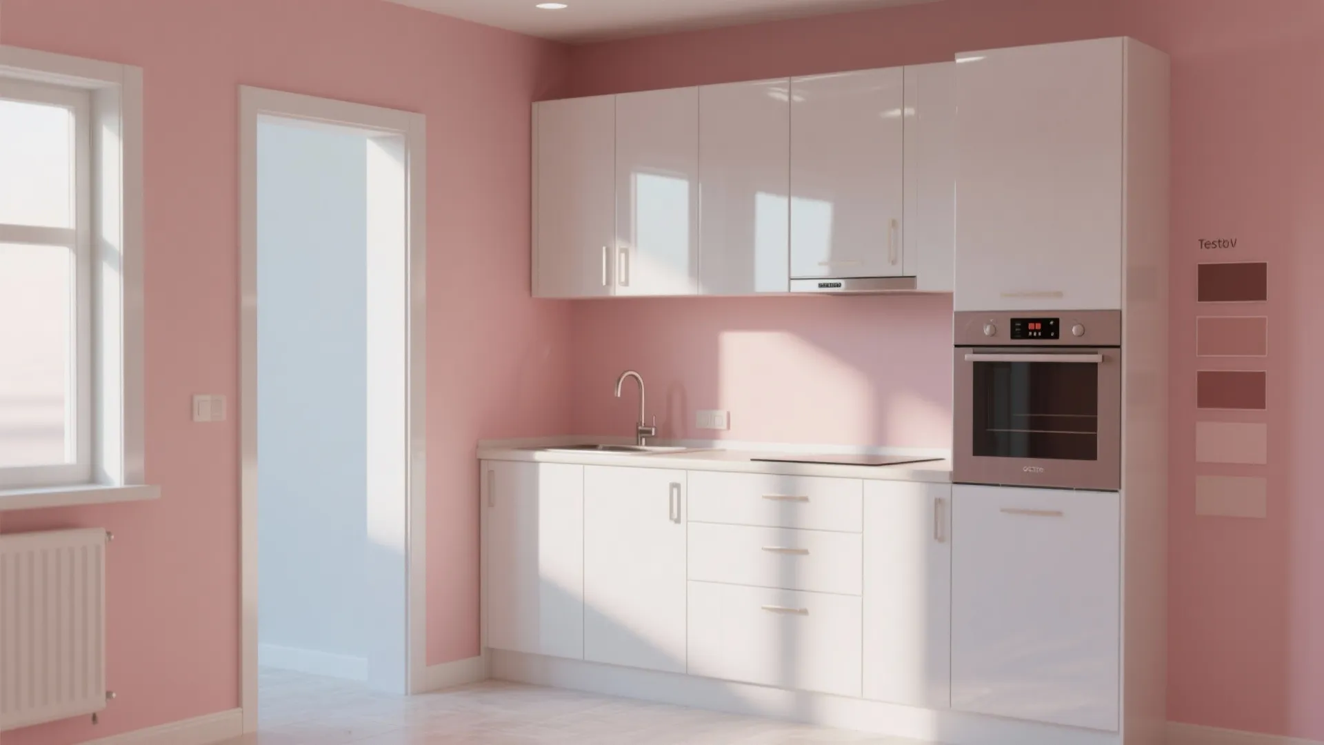 5. Soft pink walls + white high-gloss cabinets for a compact kitchen