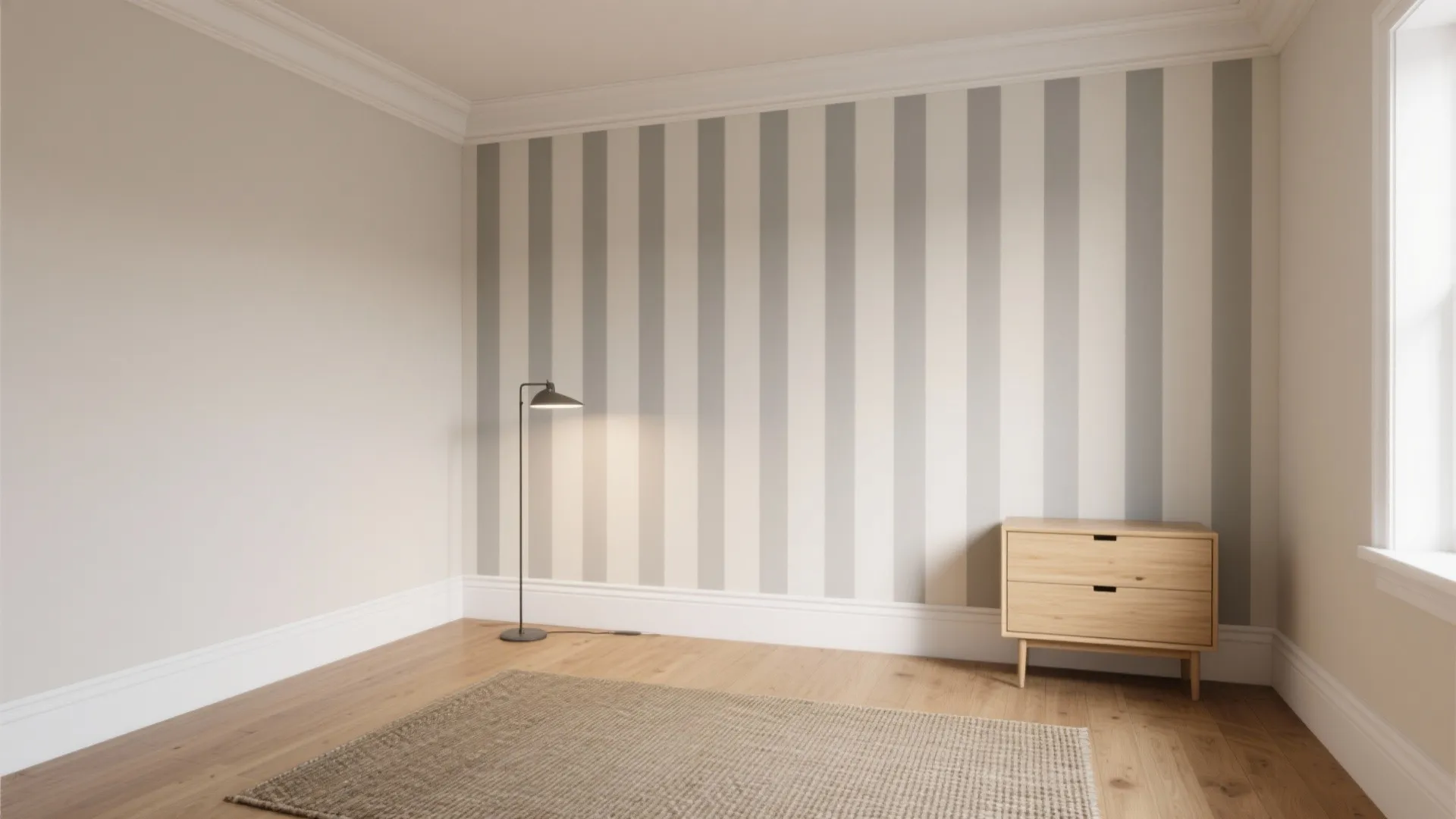 Empty room featuring vertical striped wall panel wooden floor small cabinet floor lamp and jute rug