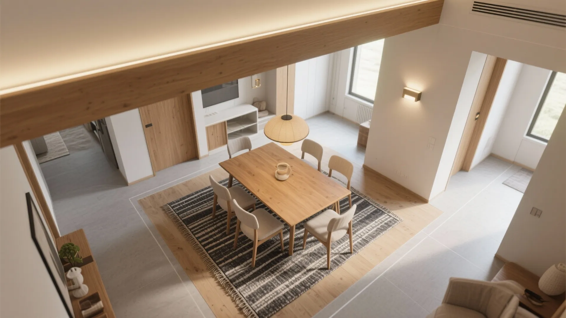 Soft Zoning with Ceiling Lines, Rugs, and Lighting Layers