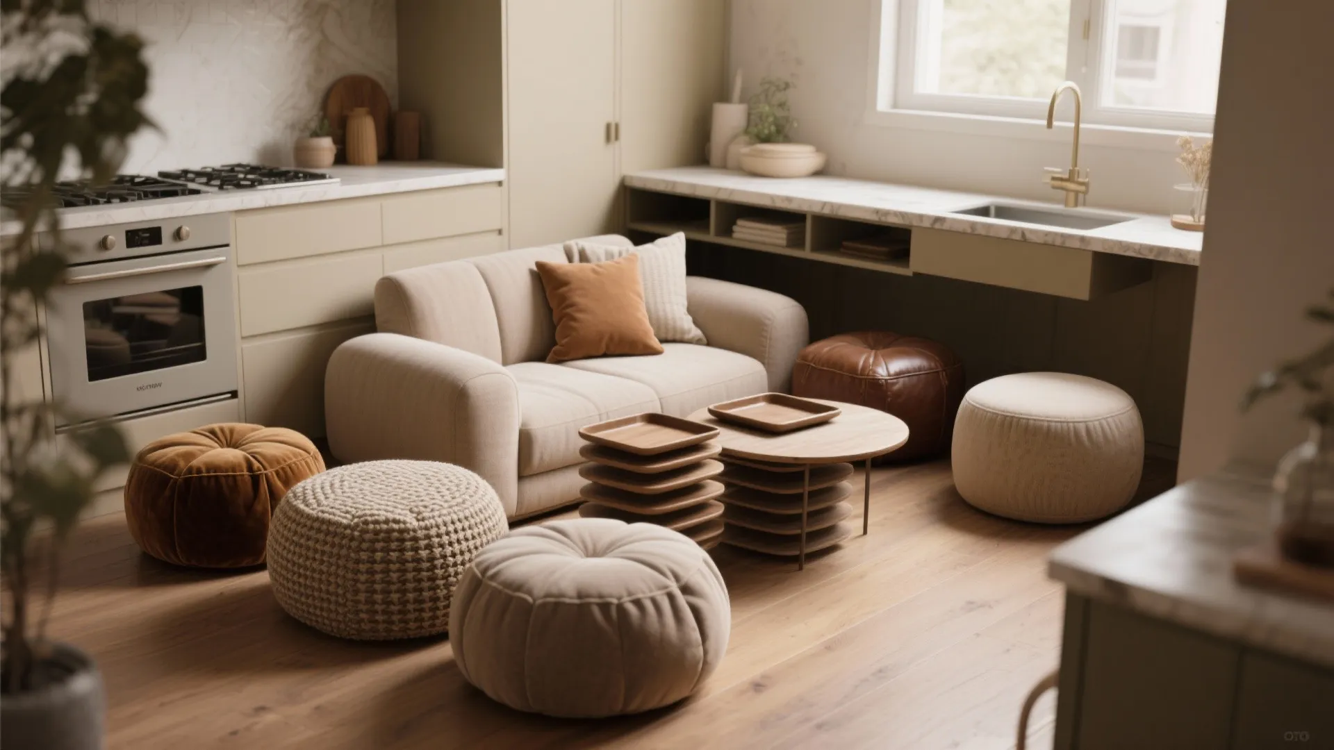 4. Soft Seating Cluster (Poufs & Ottomans)
