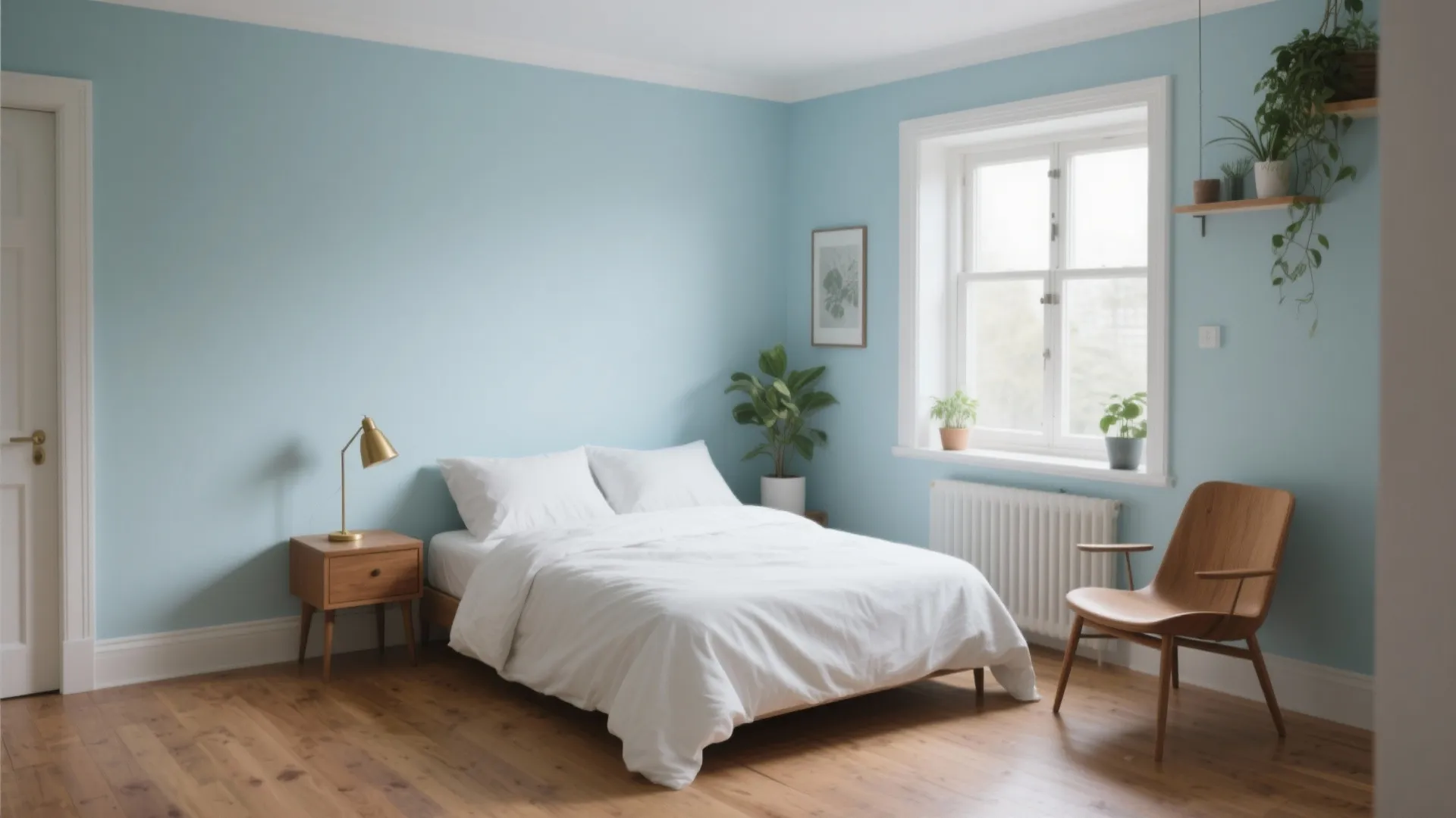 Light blue bedroom with wooden floor, white bedding, window, wooden chair, and green indoor plants