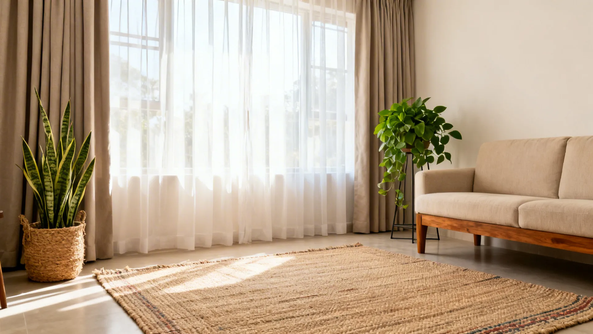 Dhurrie-rugged seating zone with high-hung sheers and two indoor plants in a bright room.