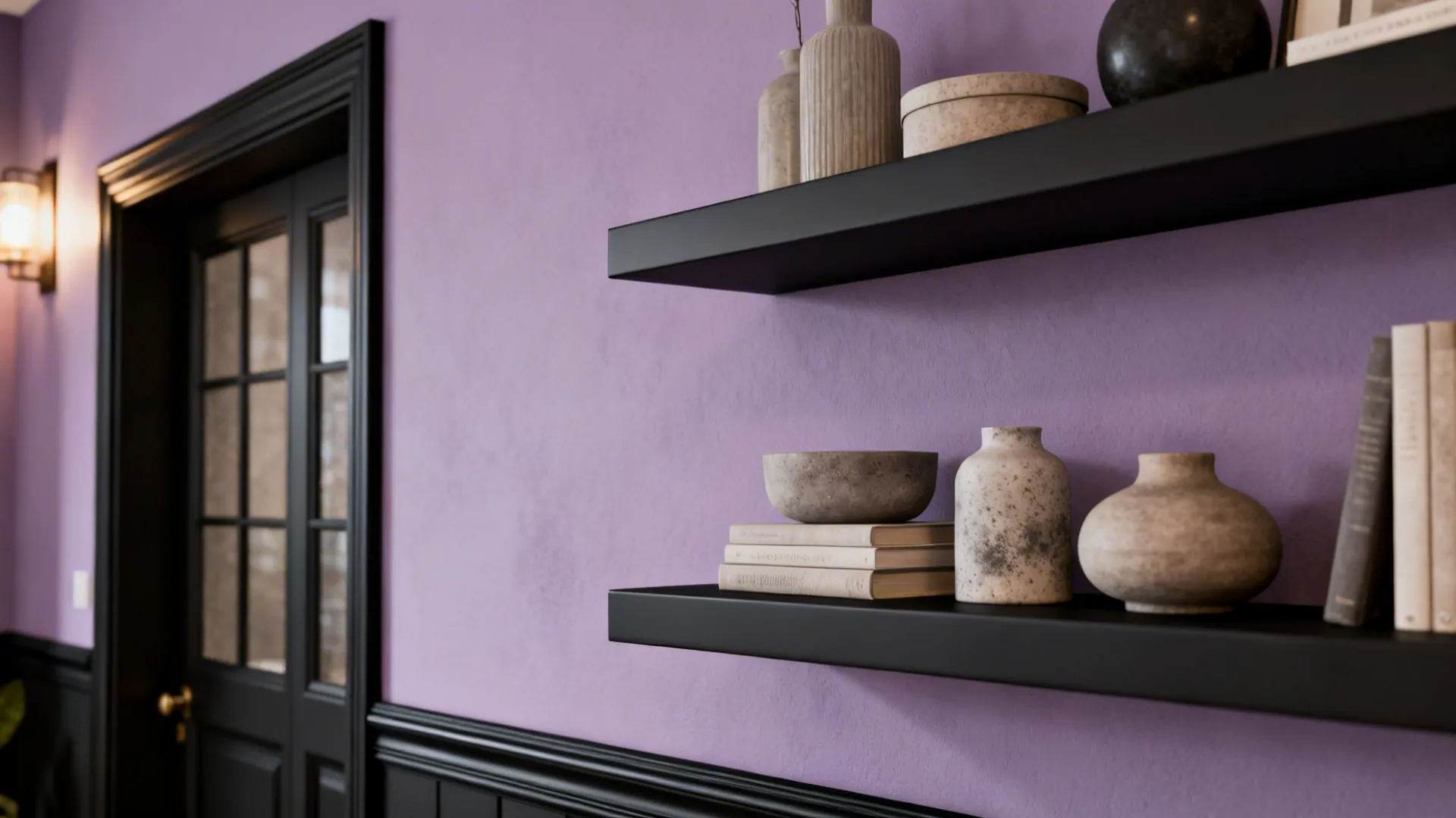 Purple wall with two black shelves holding vases and books next to a wall light