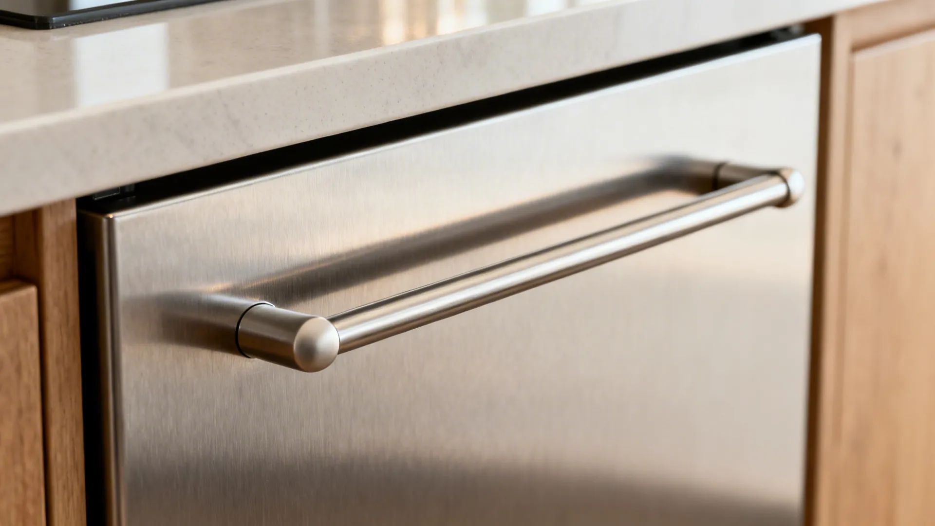 Macro of a slim rounded bar pull on a brushed stainless trolley drawer in soft daylight.