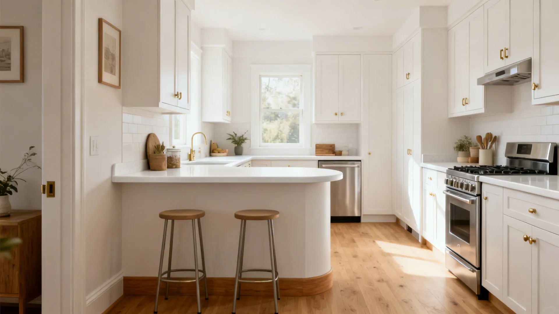 Bright white kitchen with wooden floor gold handles white cabinets stools and a large window