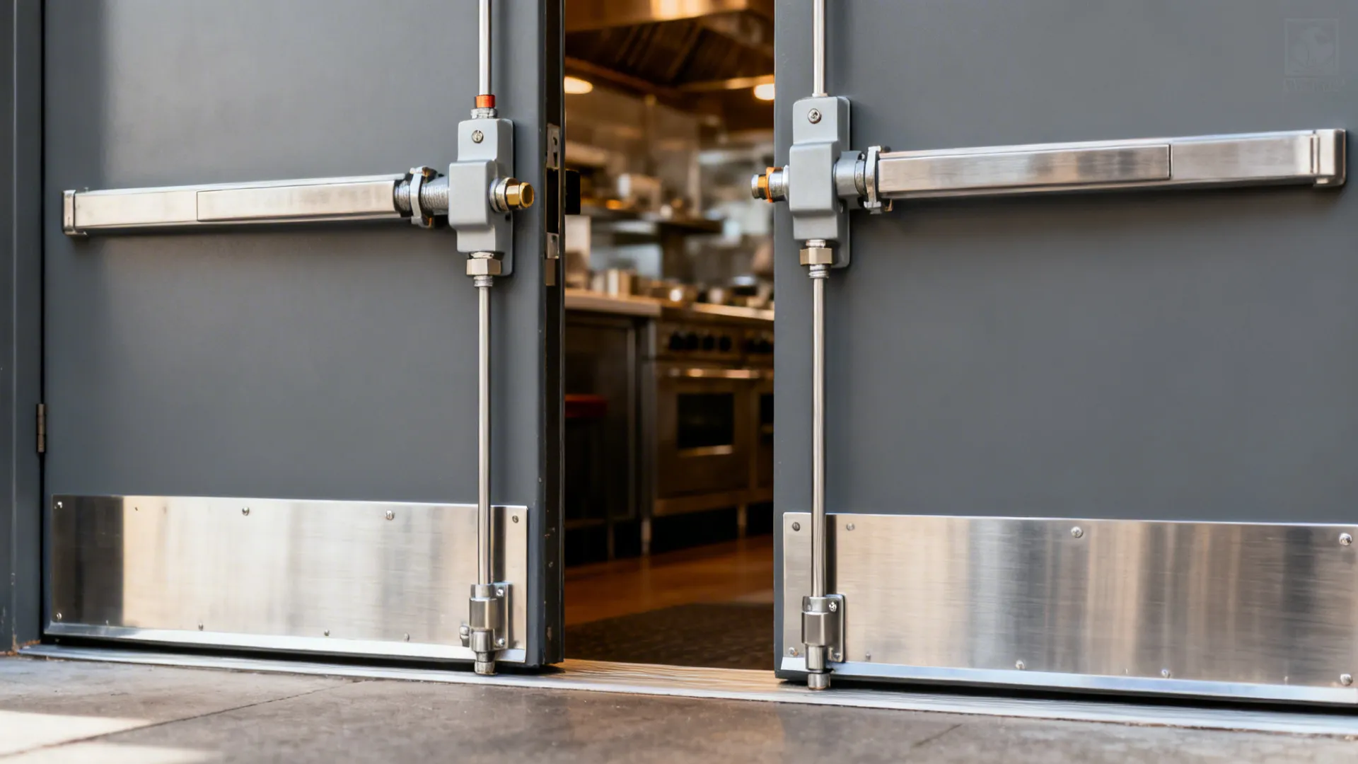 Macro view of soft-return pivot hardware on a double swing kitchen door.
