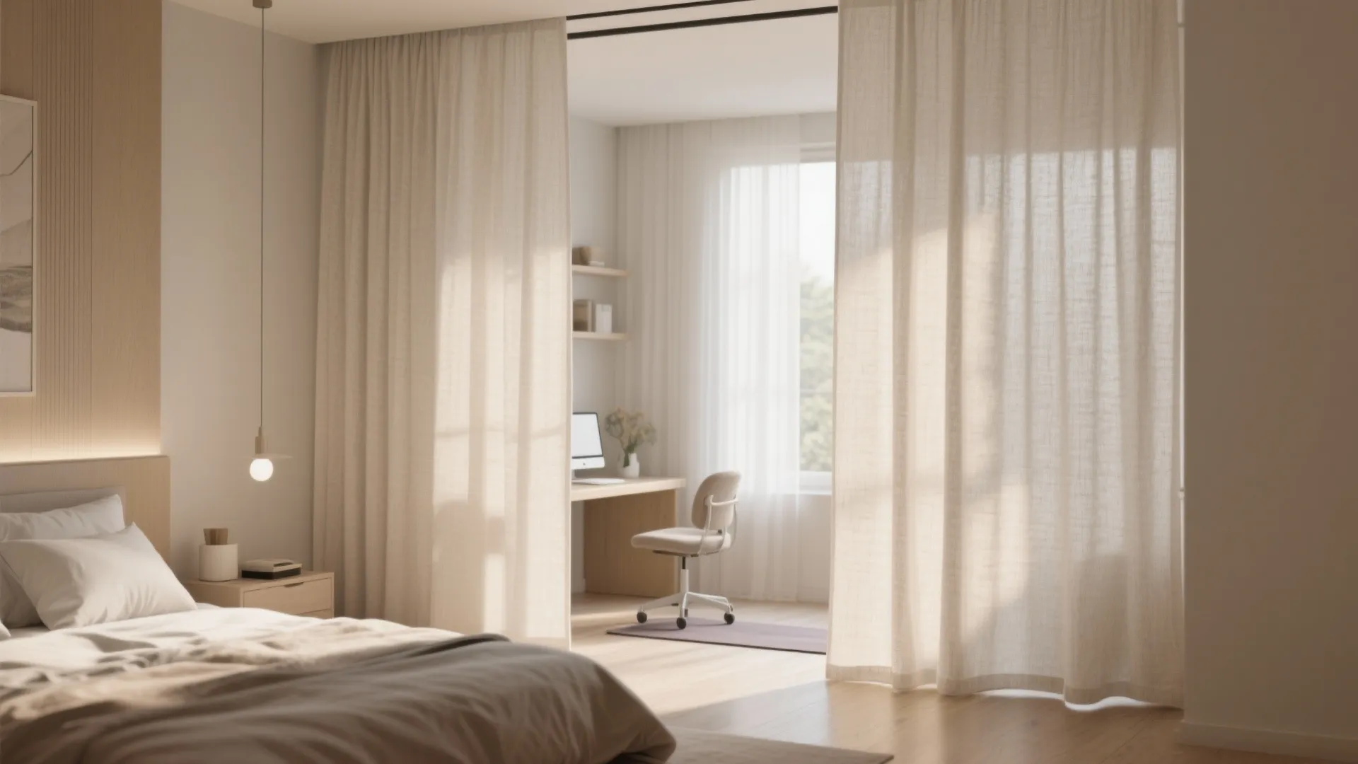 Bedroom with beige linen curtains acting as room divider separating the bed from study desk